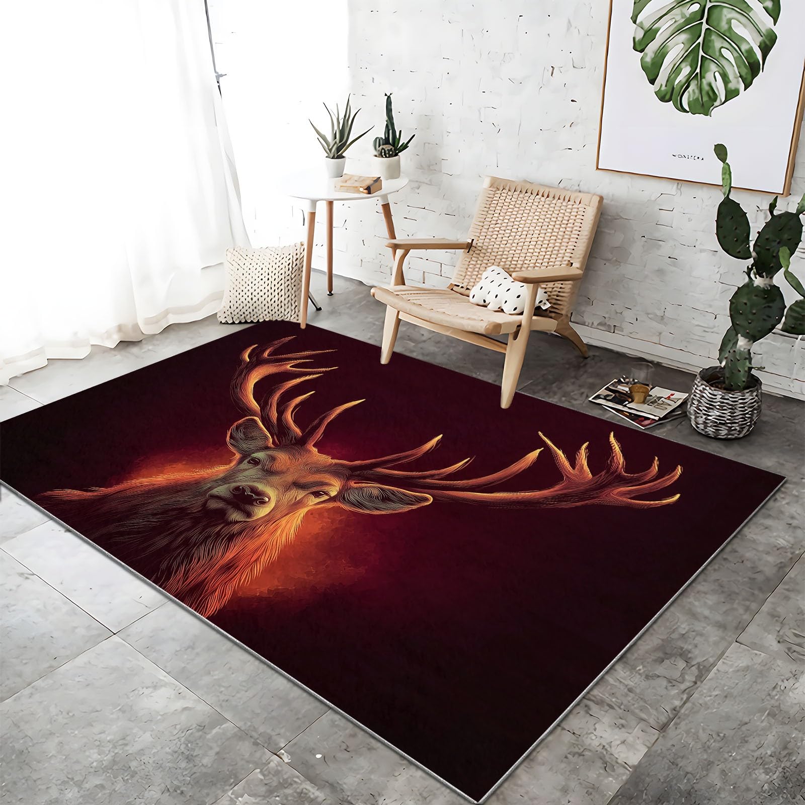 Generico Dywan Fantazyjny Styl Zmywalny 160 x 230 cm, Antypoślizgowy Chodnik Salon Majestat Zwierząt Głowa Jelenia Drukowany Dywan Nadaje się do sypialni i pokoju dziecięcego Pomarańczowy kolor