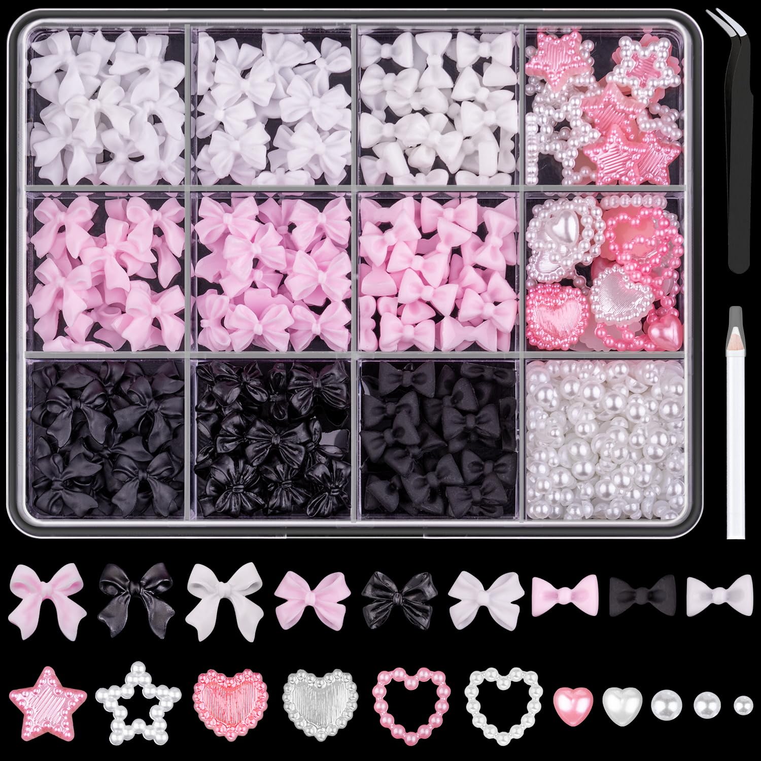 600 Pcs 3D Nail Charms and Flatback Pearls 2 Pink White Black Multi Styles Bowknot Charms Pink White
