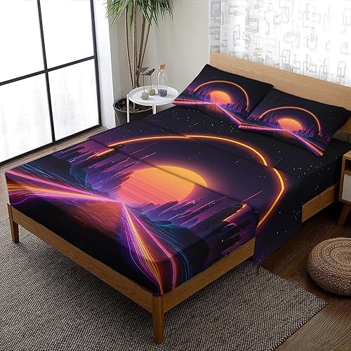 Retro Sunset Sheets Split King Size Sheet Set, Neon City Vaporwave Bed Sheets Bedroom Decor, Cyberpunk Bedding Sheets & Pillowcases 5 Piece, Deep