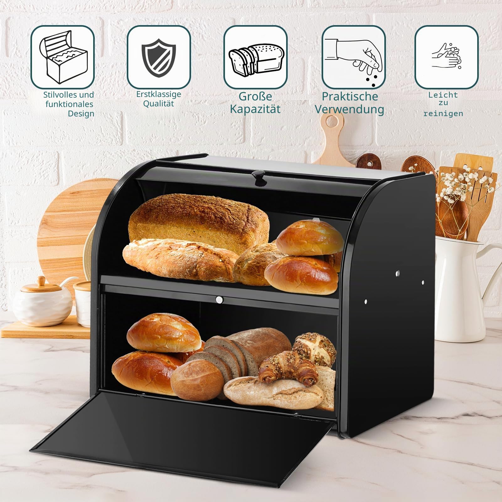 Brotkasten, Brotkasten für Küche, Große Aufbewahrungsbox mit Roll-Top-Deckel, Doppelter Metall-Brotbehälter, Aufbewahrungsbehälter für frische Brote, Kekse, Gebäck 40 x 32 x 24 cm (Schwarz)