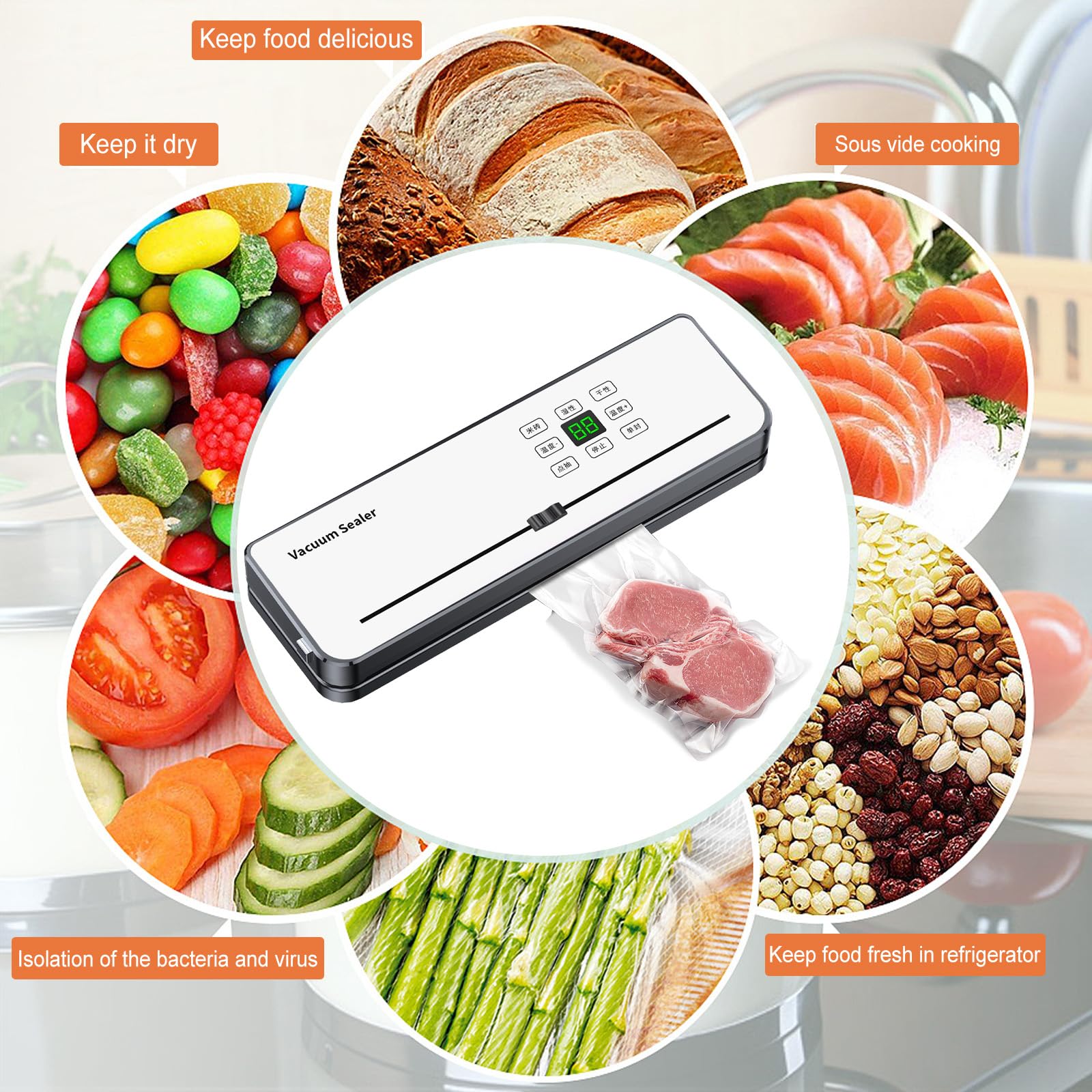 Macchina sottovuoto, macchina sottovuoto 5 in 1 per alimenti, saldatrice per pellicole sottovuoto per la cottura sous vide e la conservazione degli alimenti, 50 sacchetti sottovuoto inclusi (bianca)
