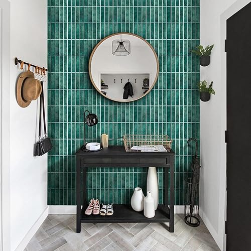Miniatura 9 de Commomy Azulejos 3D de color verde mate para despegar y pegar, 10 piezas de PVC fino de 11.8 x 11.8 pulgadas para cocina, baño, inquilinos, Verde