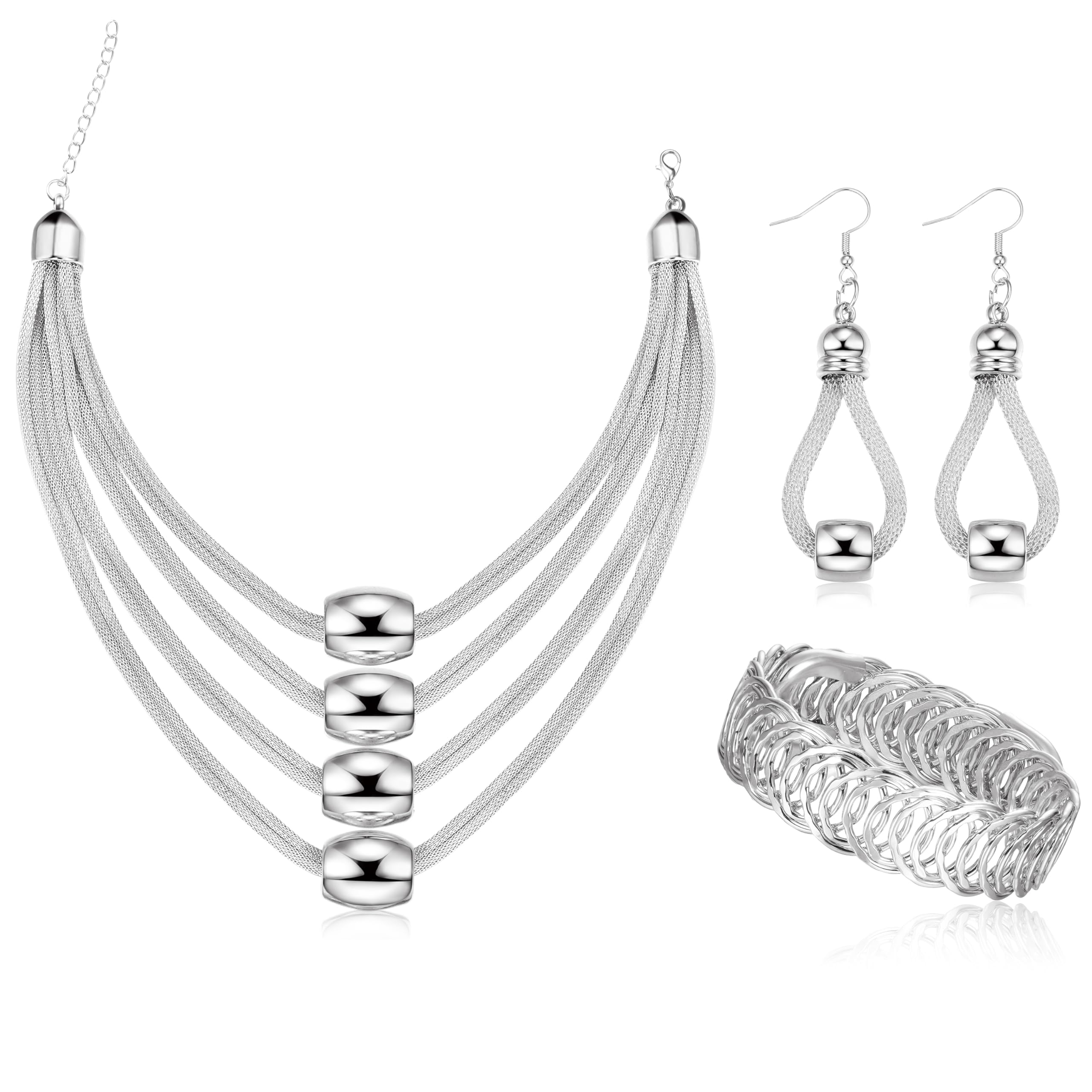 JOERICA 3Pcs Multi-Layer Bib Necklace African Jewelry Set for Women Choker Necklace Stretch Cuff Bracelet Dangle Earrings Halloween Costume Jewelry Set