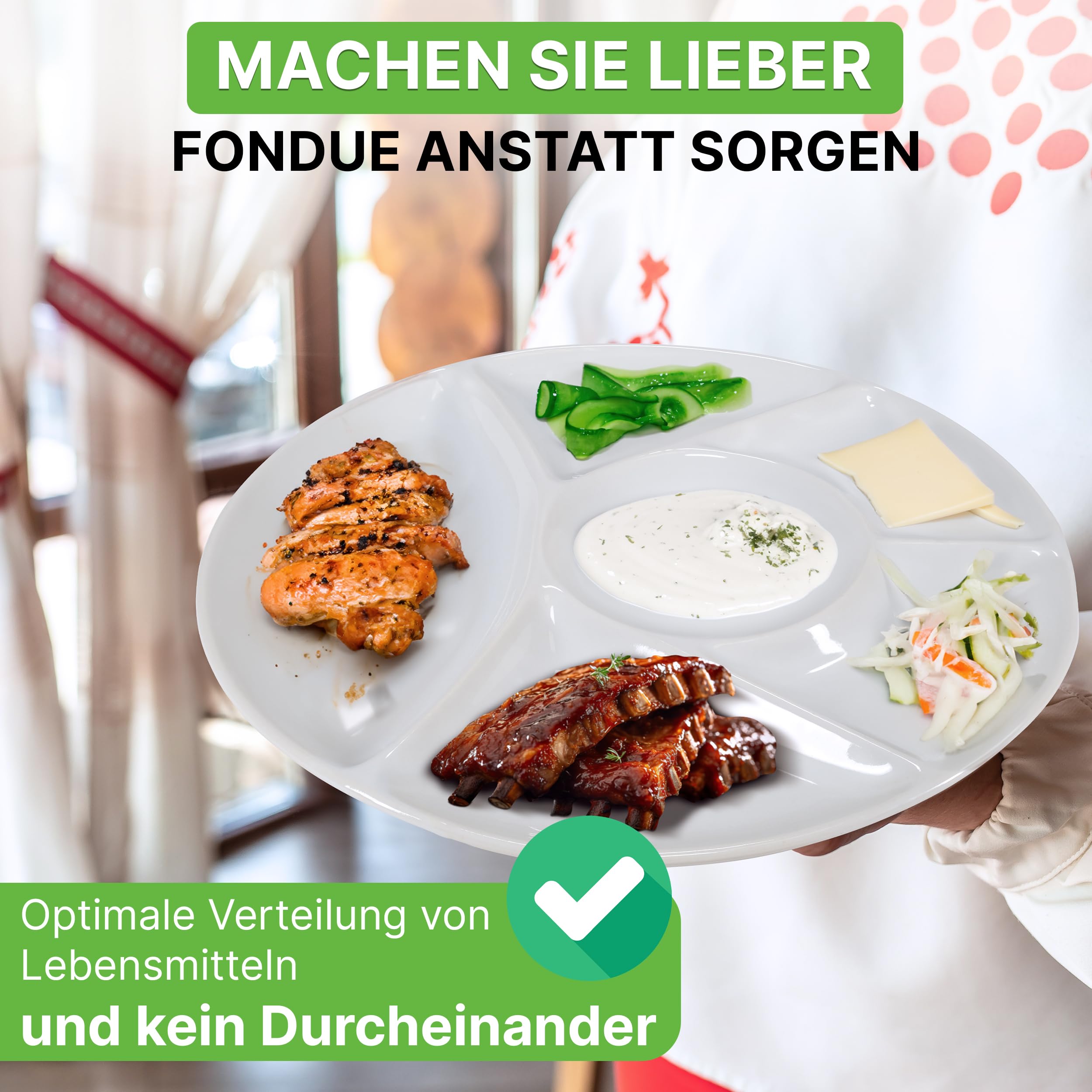 Oramics Fondueteller Porzellan Fondue Teller mit Unterteilung 23 cm rund weiß - Racletteteller Grillteller Snackteller mit Fächern - BBQ Raclette Menüteller Servierteller mit 6 Einteilungen (8er Set)
