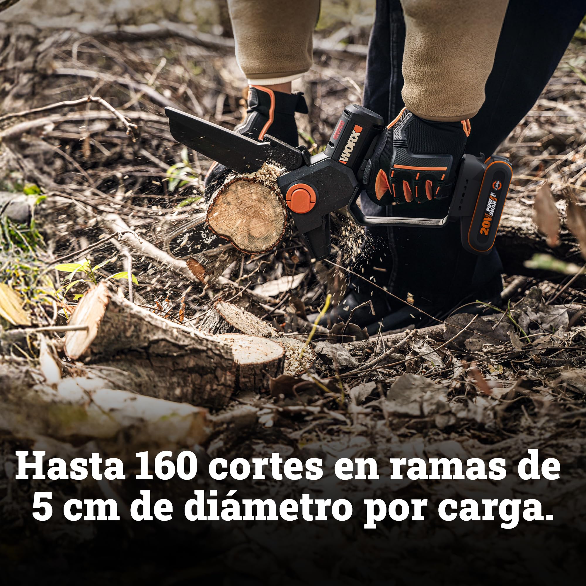 WORX WG327E Mini Motosierra 15cm 20V 2Ah Brushless, una Mano | Motor brushless NITRO, cambio cadena sin herramientas, doble seguridad, cargador 1h incluido, compatible 20V/40V