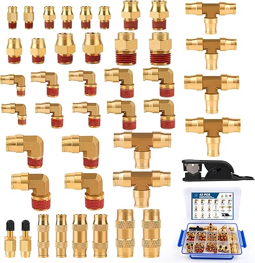 MICTUNING 43 Pcs Brass Dot Air Brake Line Fittings Assortment Kit, 1/8", "1/4", "3/8", "1/2" Push to Quick Connect & NPT Thread Tube Hose Fittings Repair Kit for Truck or Industrial System