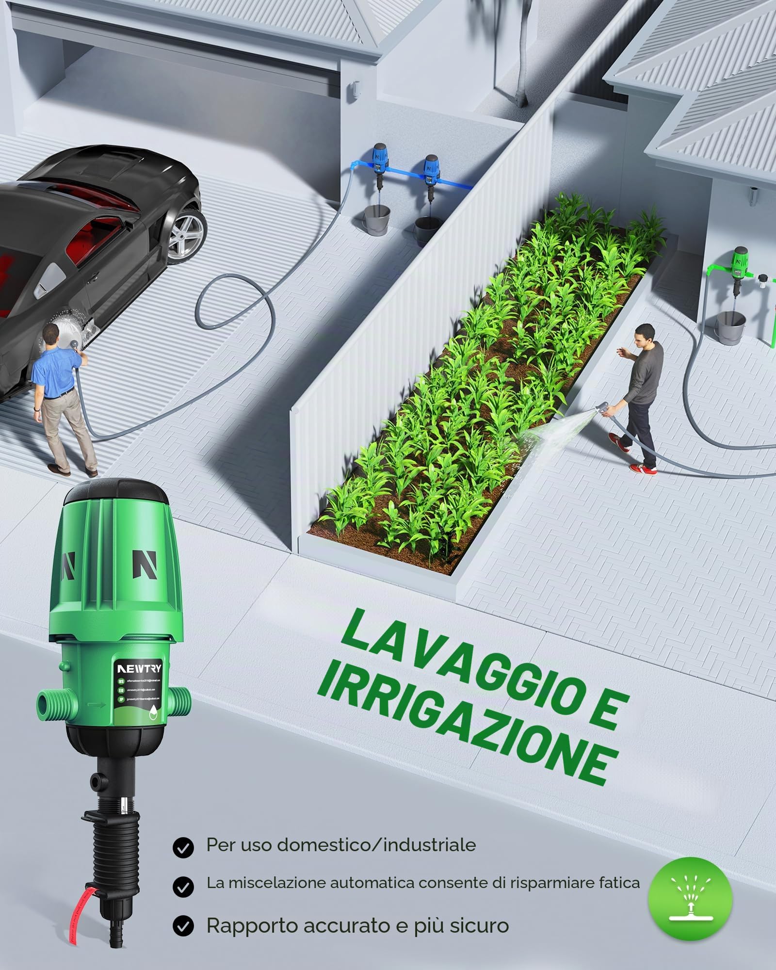 NEWTRY Iniettore per fertilizzante per irrigazione a goccia, pompa proporzionale regolabile 0,2 ~ 2%, pompa dosatrice ad acqua NPT da 3/4" per giardino, irrigazione e sistema idroponico, fattoria