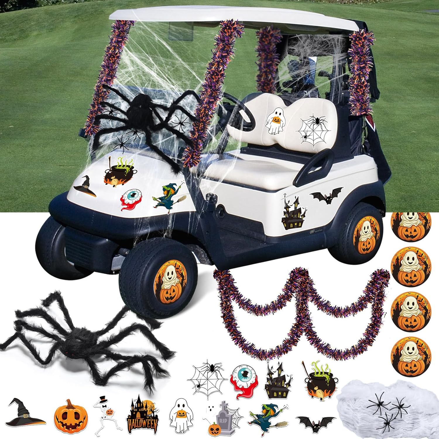 Soulchen 20 Pcs Halloween Golf Cart Decoration Kit Halloween Car Parade Decorations 35.5 Inch Fake Spider Web Decor 2 Pcs 6.6 ft Glitter Tinsel Pumpkin Garland and Sticker for Outdoor Party Decor