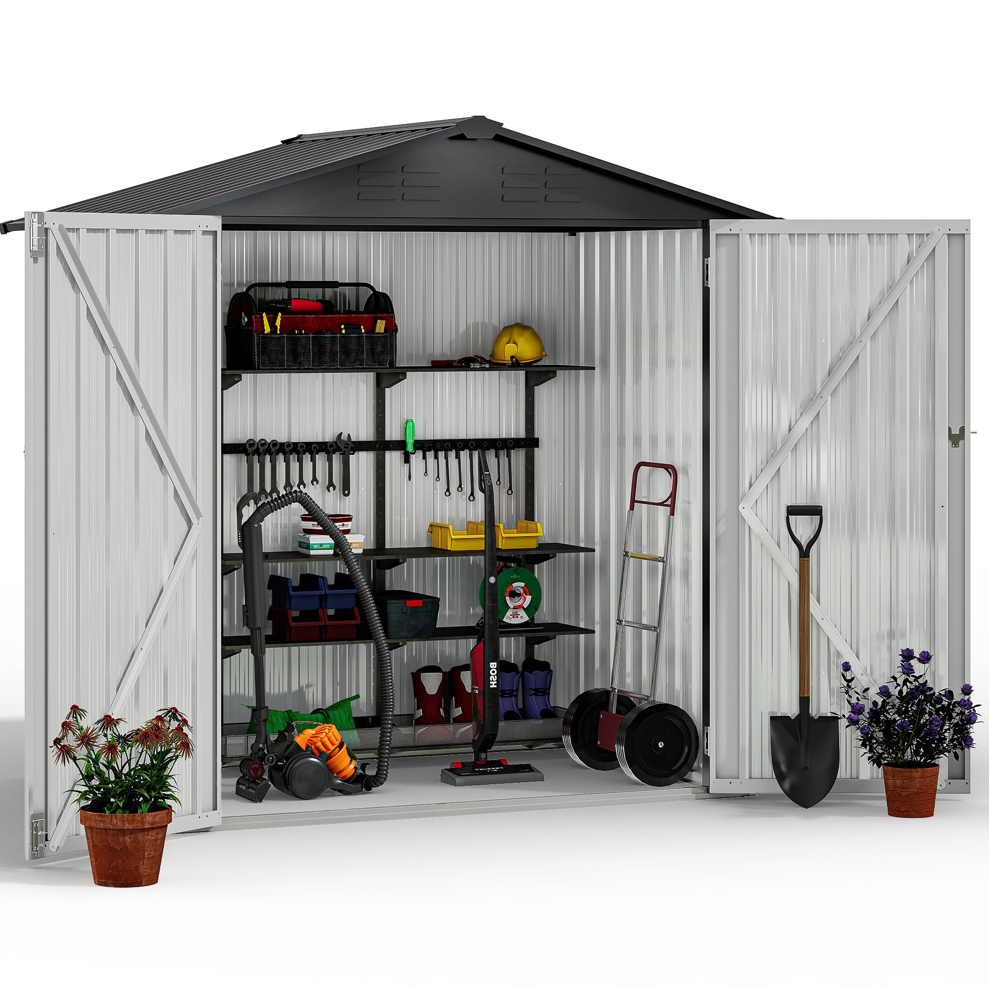 YITAHOME Gartenhaus, abschließbar, verzinktes Metall, Outdoor-Schuppen, wasserdicht, mit 4 Lüftungsschlitzen für Fahrrad, Werkzeug, Rasenmäher, Dunkelgrau, 171 x 98 x 184 cm