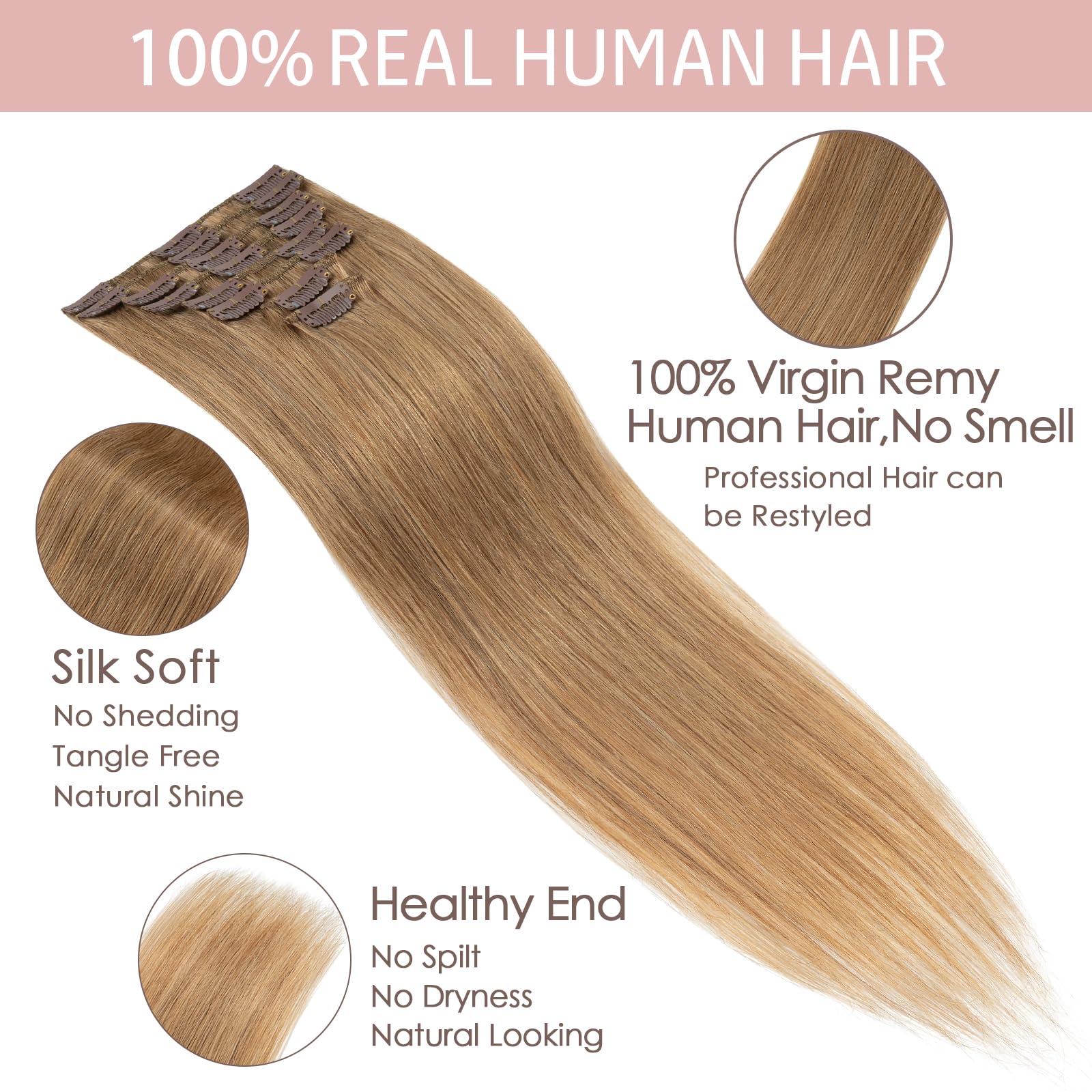 Silk-co Hair Extensions Clip in Hair Extension Human Hair 100% Remy Silky Soft (20"-70g - Image 4