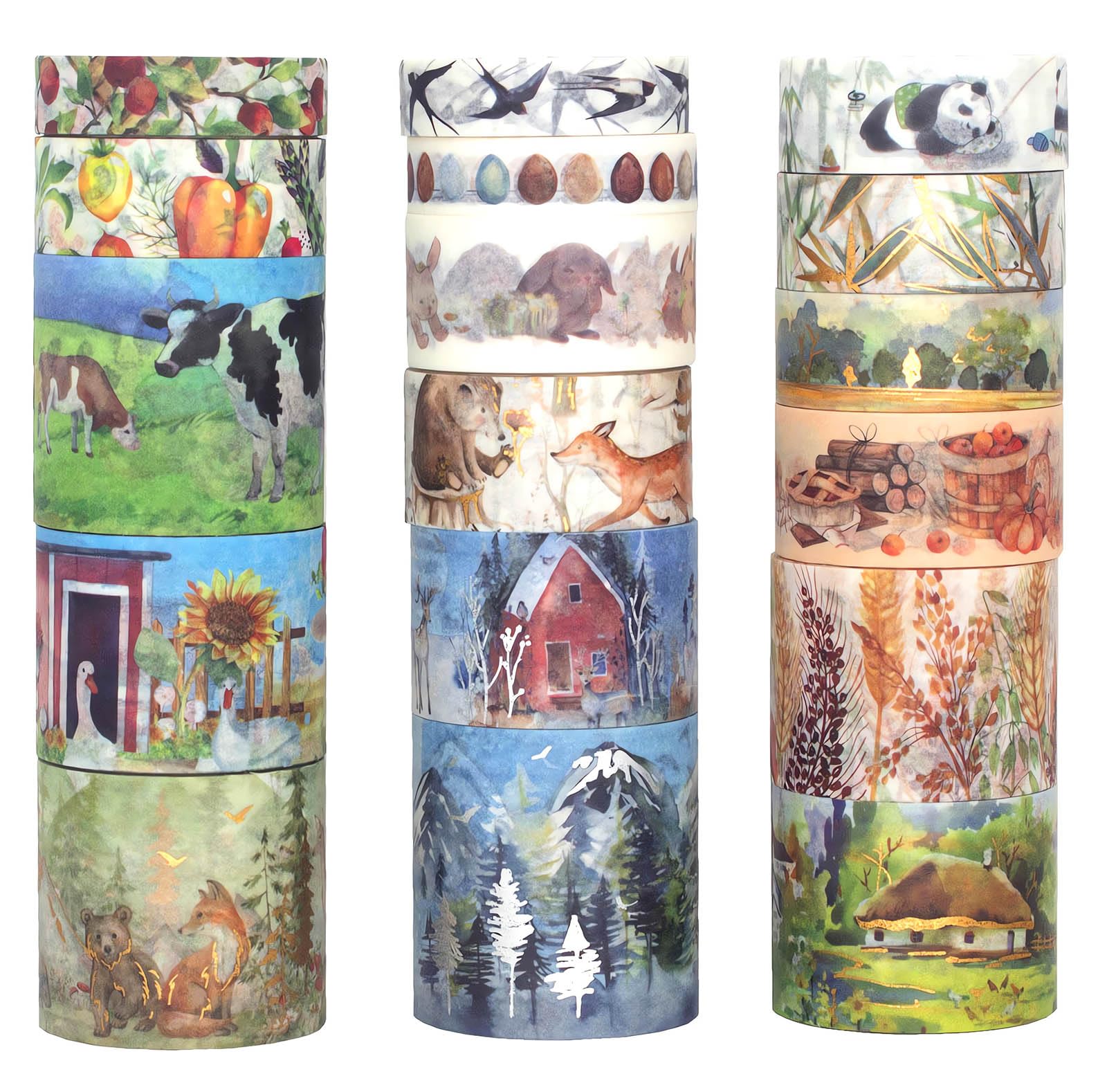 AEBORNWashi Tape Set - Gold Foil Decorative Tape with Milk Cow Animals Plant, Adhesive Tape for Bullet Journaling, DIY Crafts, Scrapbooking