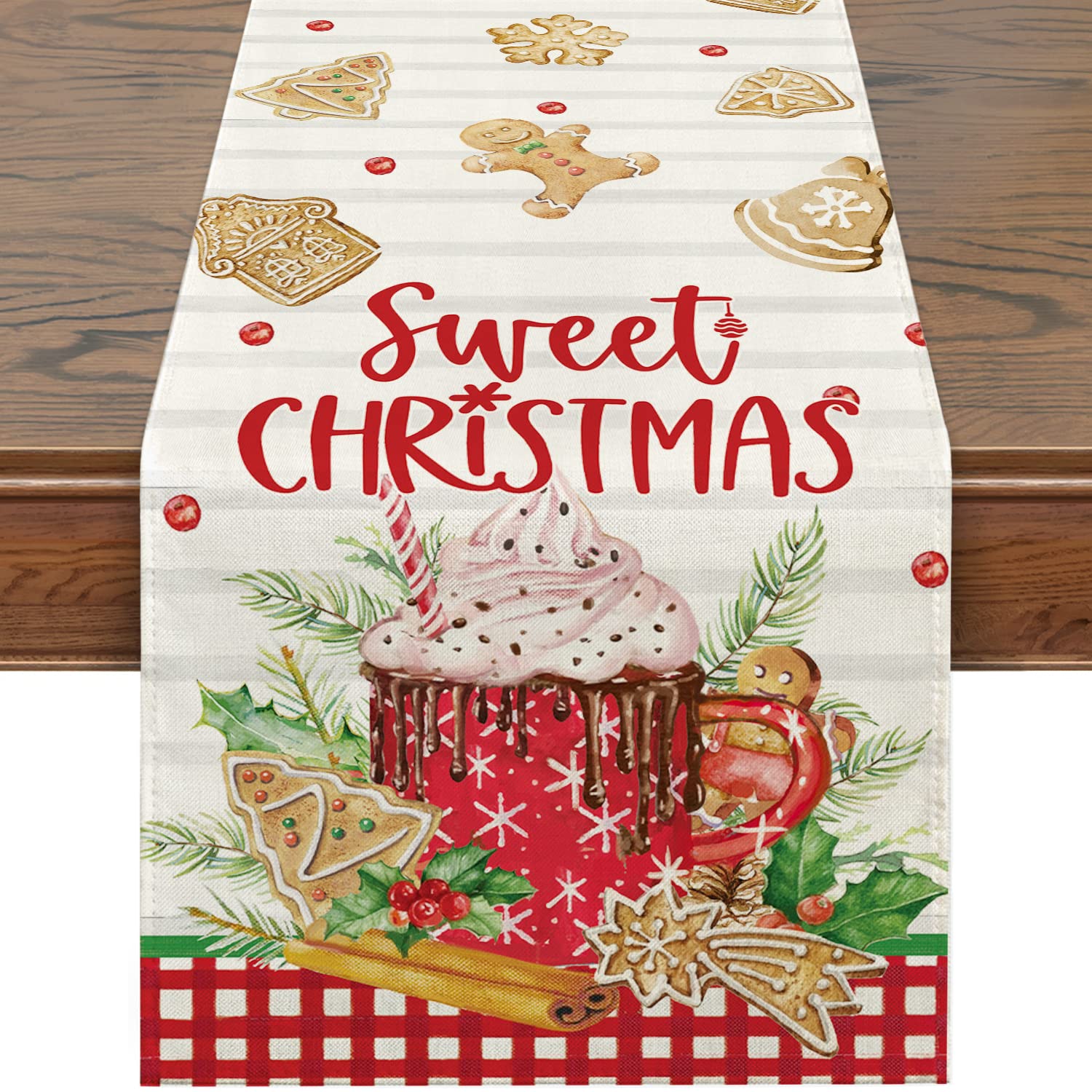 Siilues Christmas Table Runner, Gingerbread Christmas Decorations Ice Cream Sweet Christmas Runner for Table Seasonal Winter Holiday Decor for Indoor Outdoor Party Dining Table (13'' x 72'')