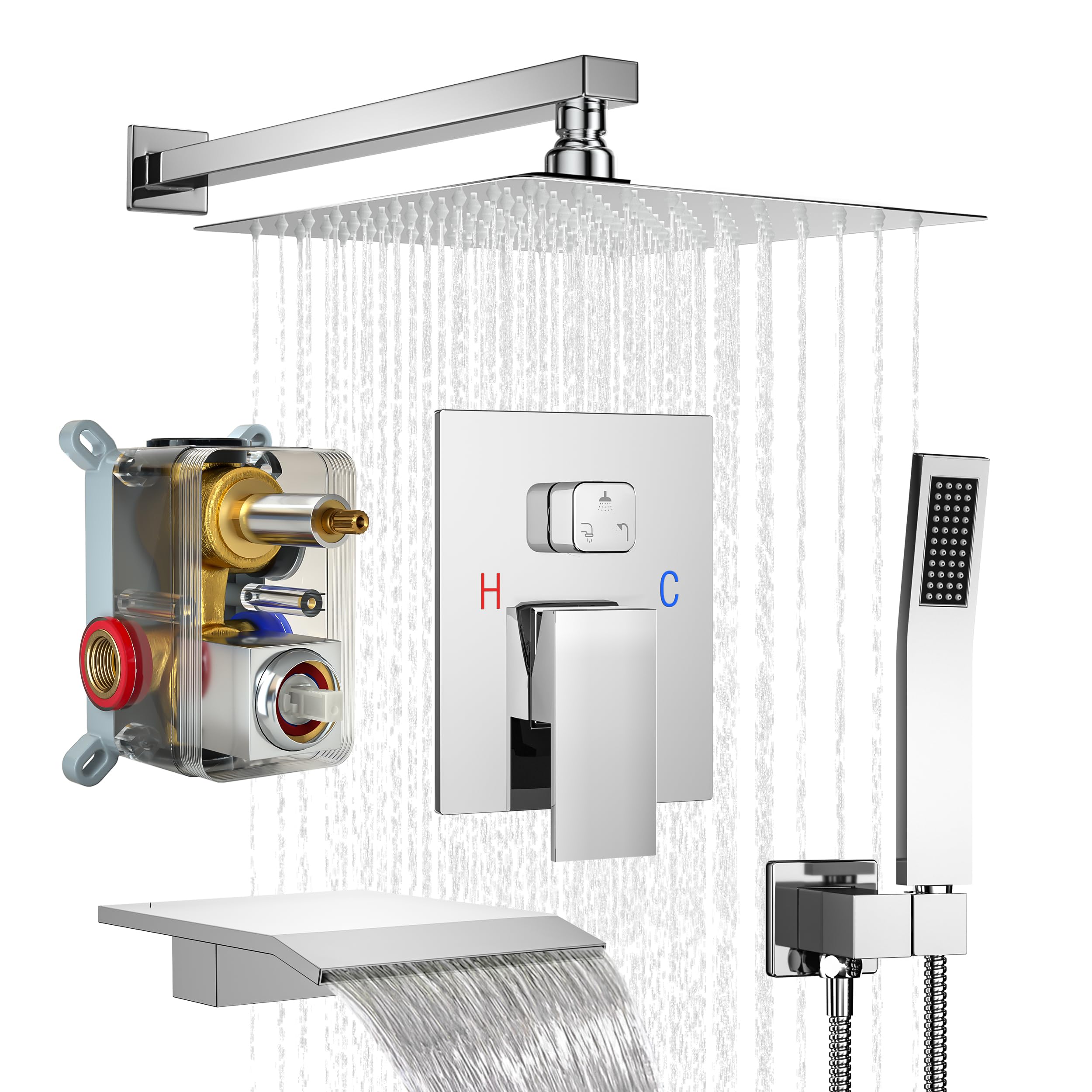 10 Inch Shower Faucet Set with Tub Spout Wall Mounted Shower System for Bathroom with High Pressure 10 Inch Rain Shower head and Handheld Shower Head Set, Polished Chrome