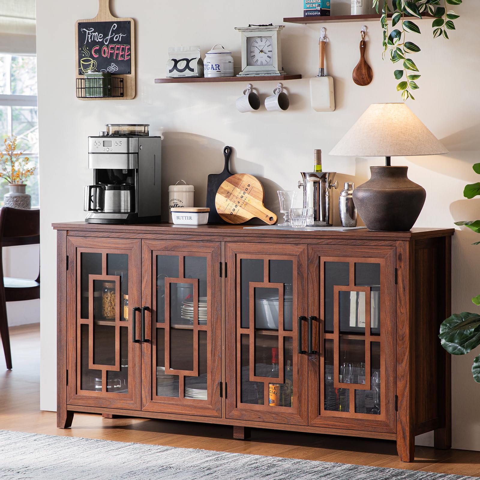 Joaxswe Large Sideboard Buffet Cabinet with Storage, 63" Farmhouse Brown Kitchen Coffee Wine Bar Cabinet with 4 Glass Doors, Wood Mid Century Modern