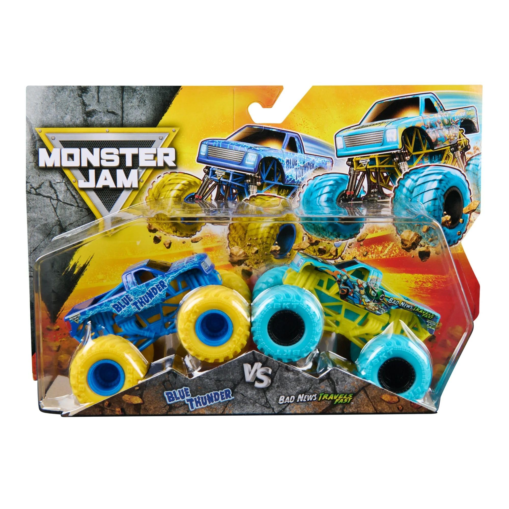 Monster Jam Official 1:64 Scale Diecast Truck 2-Pack Series 33 Blue Thunder vs Bad News Travels Fast