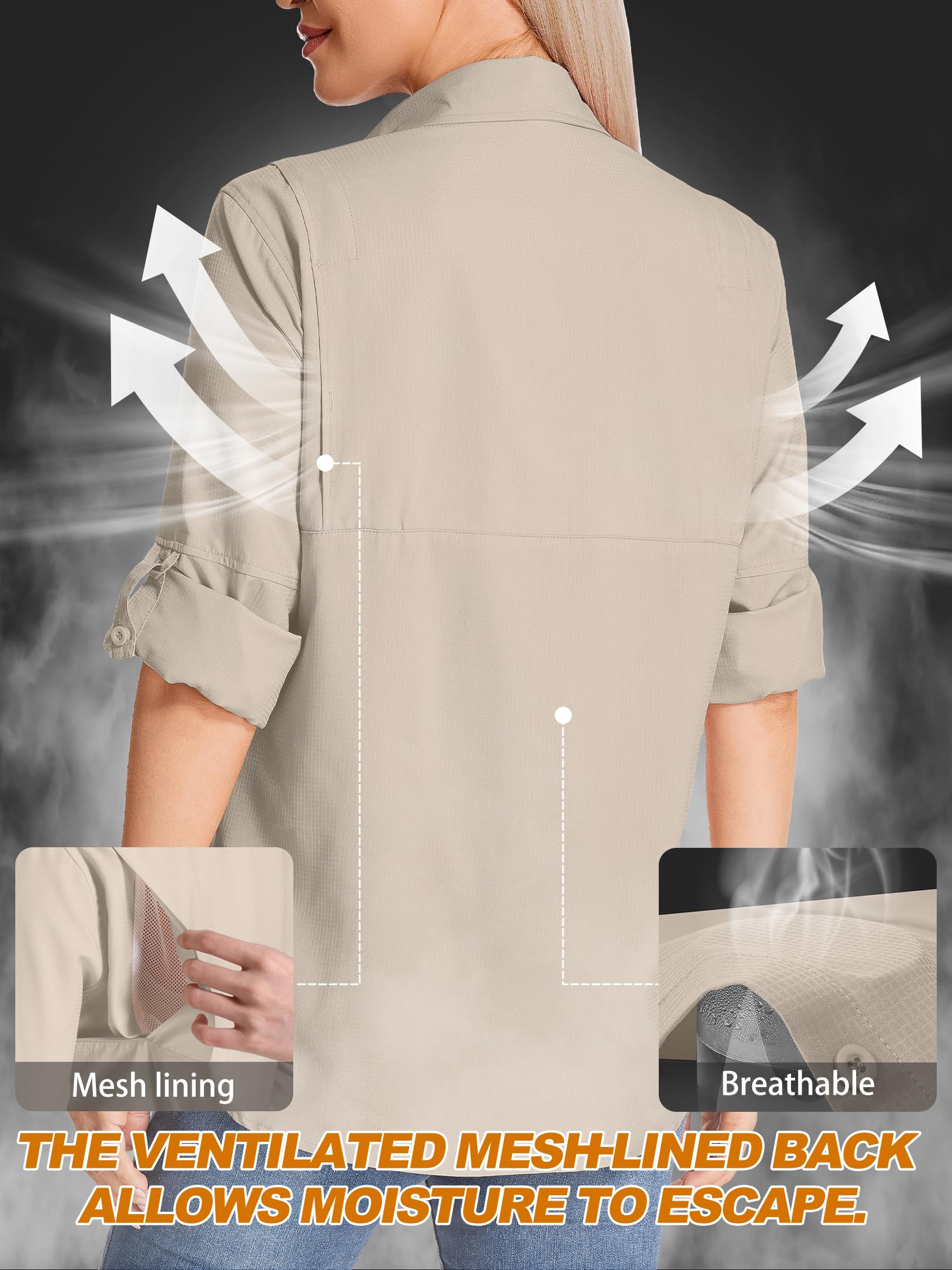 Camisa de Safari para Mujer Manga Larga - Tejido Transpirable y Secado rápido - Protección Solar UPF - Ideal para Pesca, Senderismo, Trekking, Acampada y Viajes - Ruta técnica Outdoor