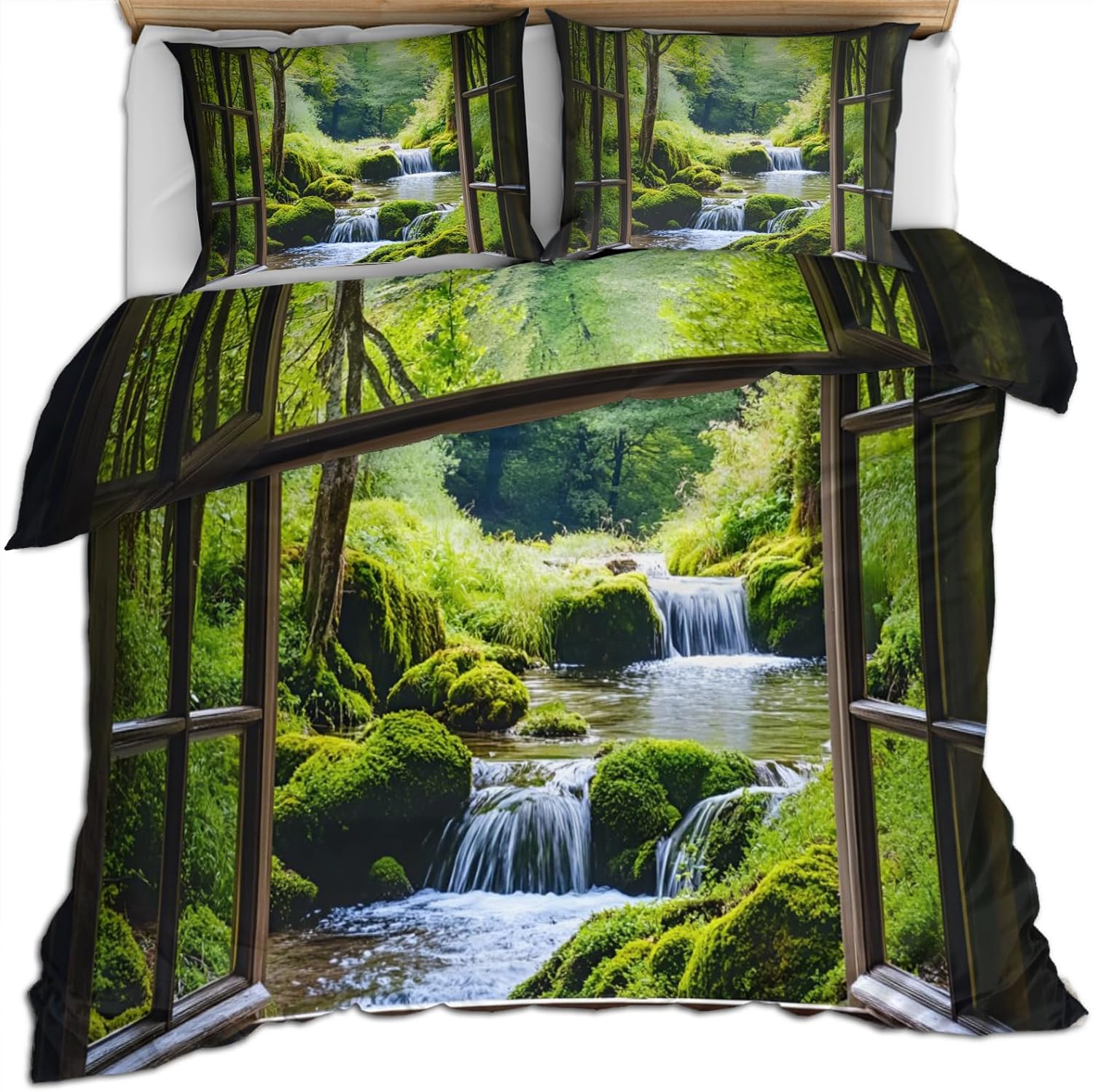 Forest Duvet Cover Twin Size, Stream Bedding Natural Landscape Decorative Kids' Duvet Cover Sets Ultra Soft Bedding Set with Zipper Closure for Kids Room Teen Bed Decor