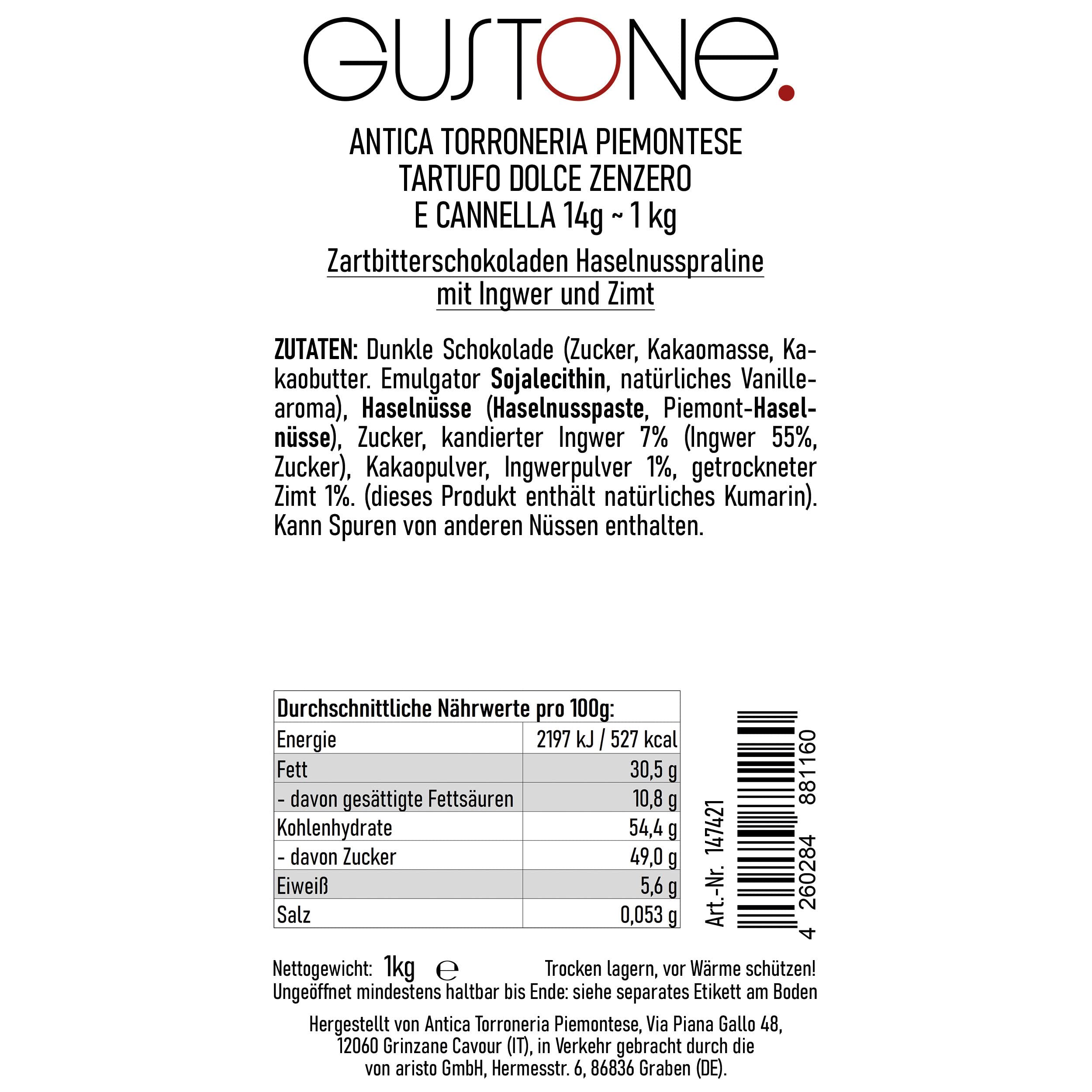 GUSTONE. Tartufi Dolci Zenzero e Cannella Antica Torroneria Piemontese 1kg | Trüffel-Praline Zartbitterschokolade Ingwer Zimt, Schokoladentrüffel, über 135 Jahre Erfahrung, glutenfrei