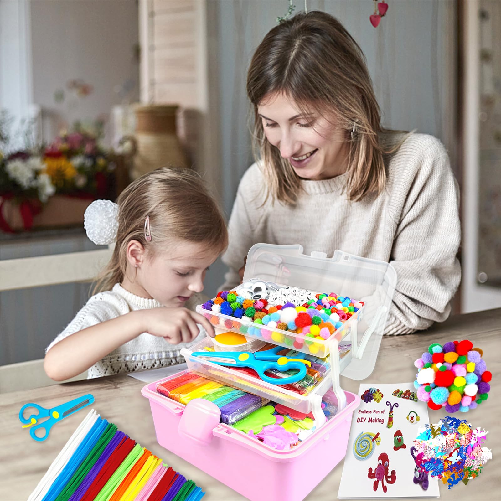 3000 Activites Manuelles pour Enfants Kit Bricolage Enfant Boîte bricolage Pipe Cleaners pour Enfants de 4-6 6-8 8-12 ans Activite Enfant Ensemble de Matériel Jouet Cadeau pour Filles Garçons, Rose