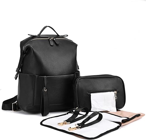 Miniatura 7 de Bolsa de pañales Mochila de cuero para mujeres Viaje Papá Madre Mochila al aire libre (2 piezas), Caqui, Mochilas de viaje