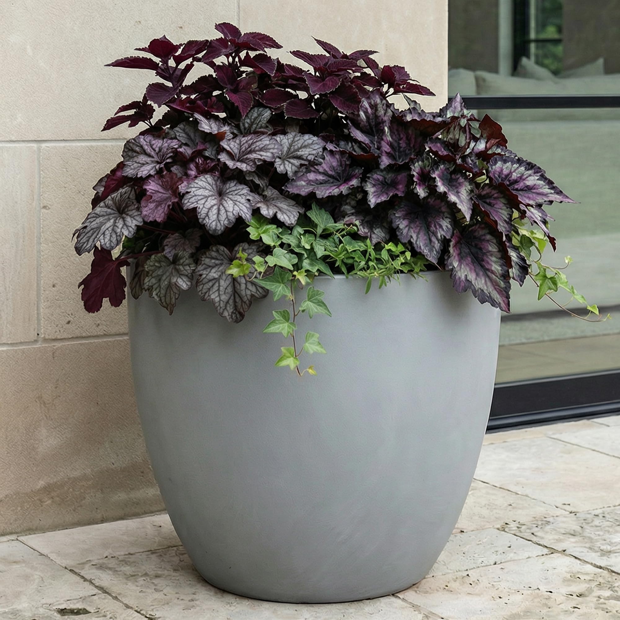 IDEALIST 30cm Planter | Grey Reinforced Stone Egg Flower Pot | Garden Planters with Drainage Holes W30 H27 cm, with Inner Top D26 cm, 19 litres