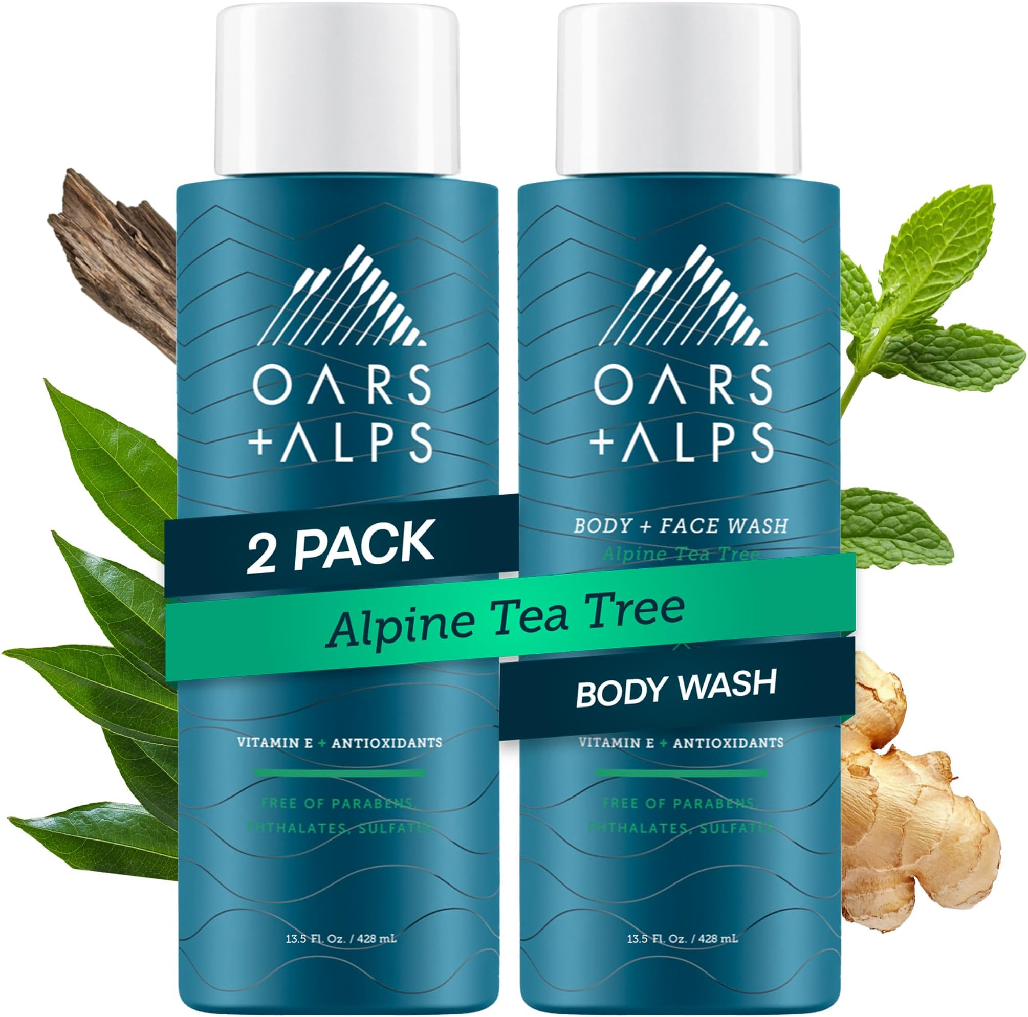 Oars + Alps Body Wash for Men, Mens Body Wash & Face Cleanser with Vitamin E & Antioxidants, Moisturizing, Paraben & Sulfate Free Cleanser, Alpine Tea Tree, 2pk