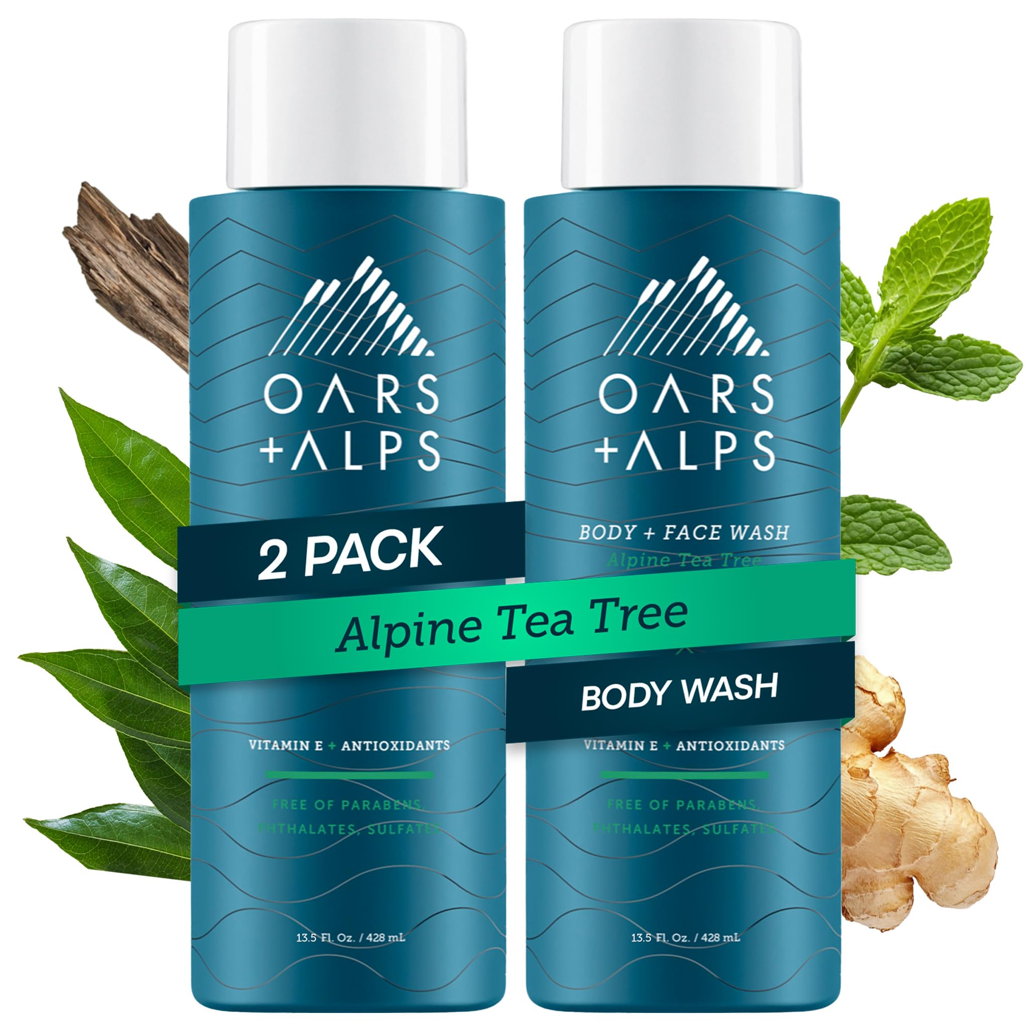 Oars + Alps Body and Face Wash for Men, Mens Body Wash & Face Cleanser with Vitamin E and Antioxidants, Moisturizing, Hydrating, Paraben & Sulfate Free Cleanser, Alpine Tea Tree, 2pk