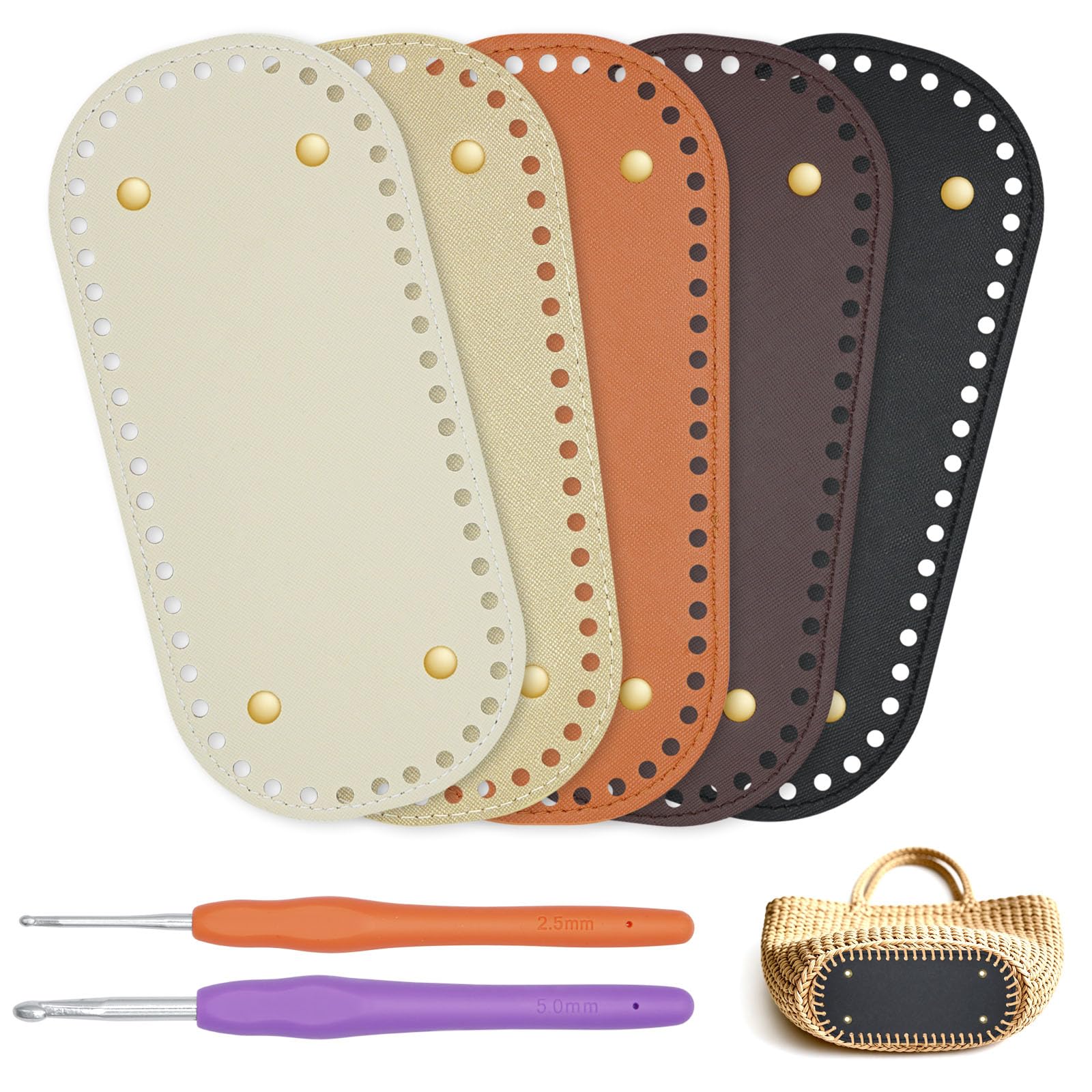5 Pcs PU Leather Bag Base for Crochet with 2 Pcs Crochet Hooks