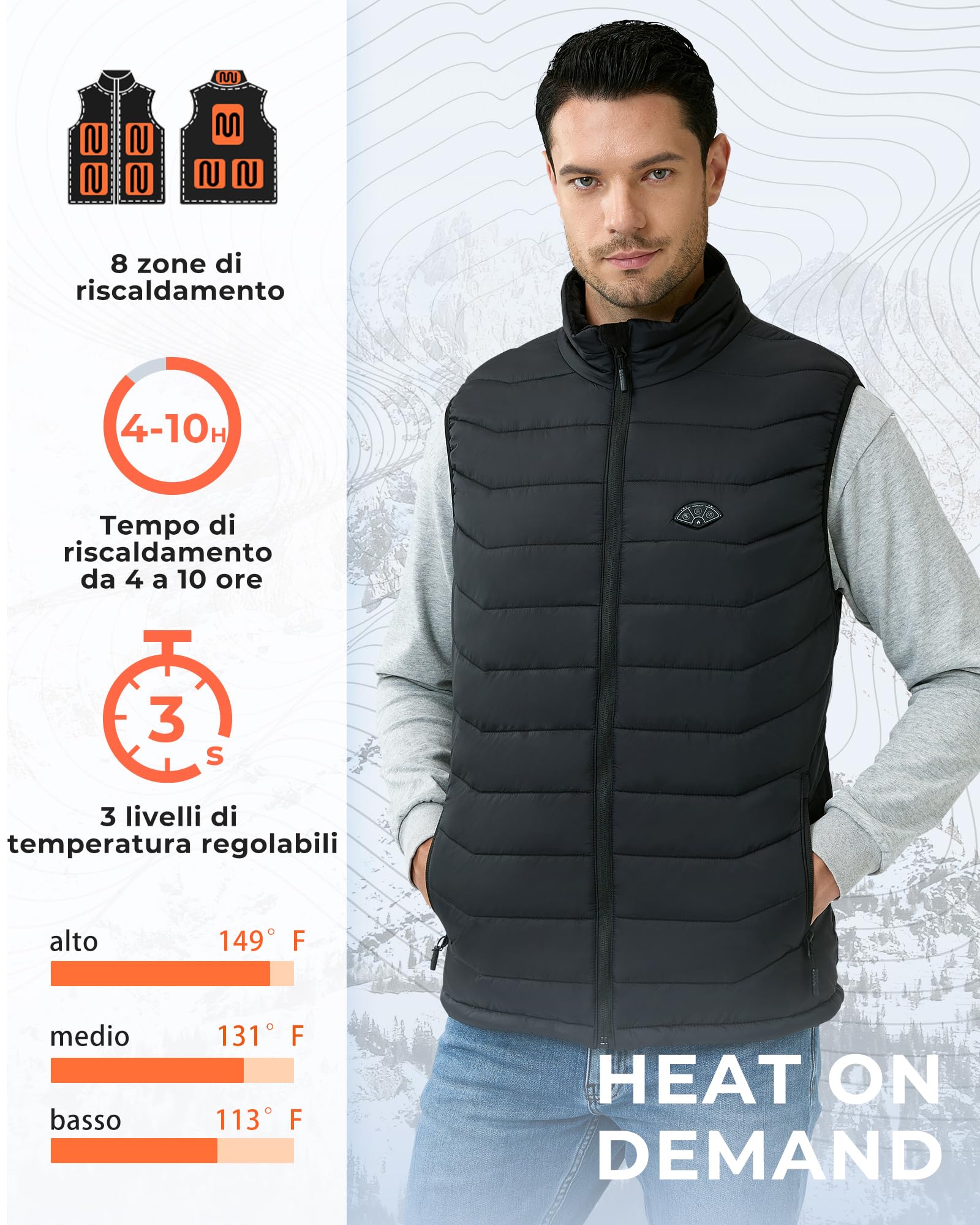 Topdot Gilet Riscaldato Uomo con Batteria 7.4V 16000mAh, 8 Zone di Riscaldamento, Giubbotto Riscaldata Elettrico 3 Temperature, Giacca Riscaldata Invernale per Sciare All'aperto Moto Pesca
