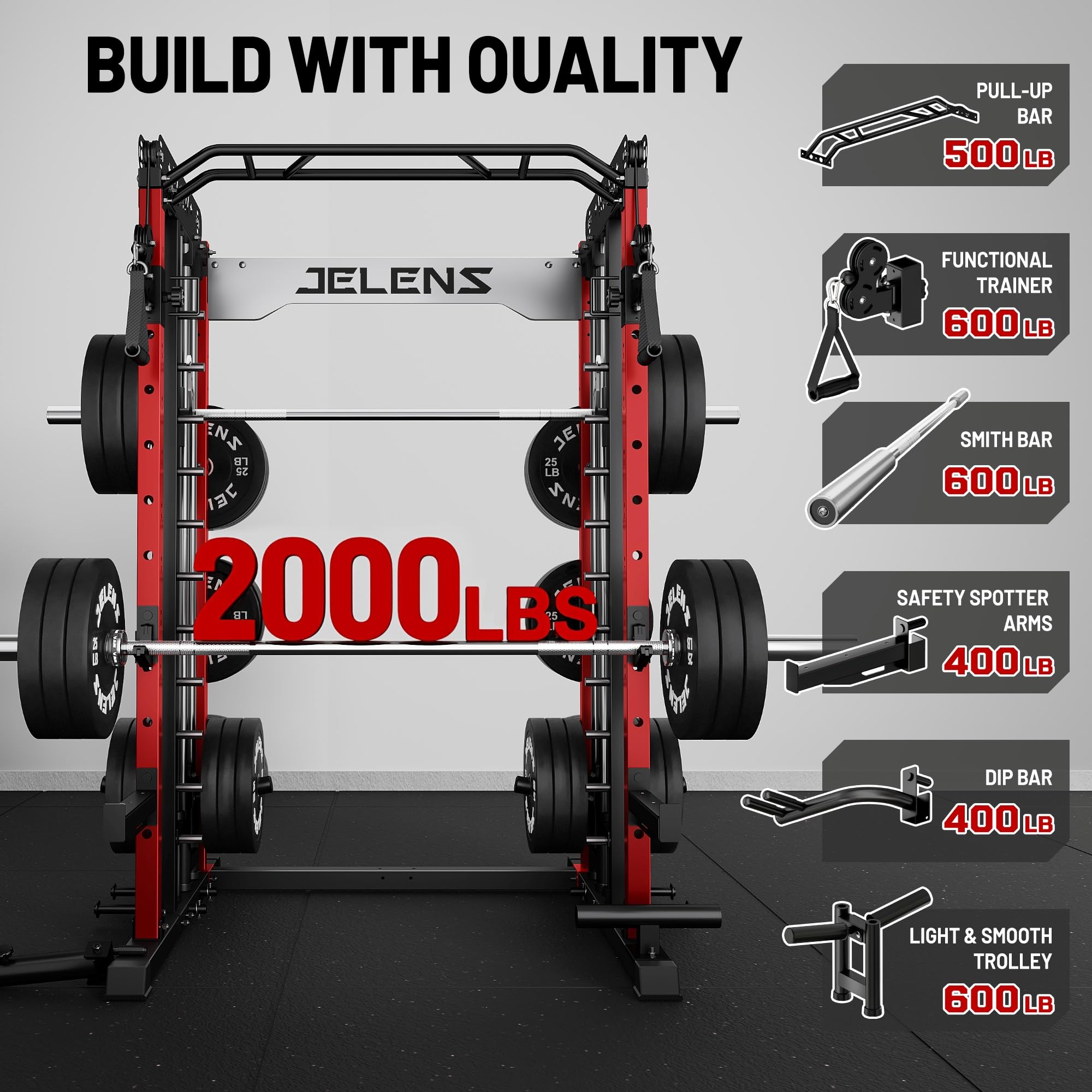 Smith Machine for Home Gym, Multi-Function M12 Power Cage with Cable Crossover System, Squat Rack with Smith Bar and More Attachment