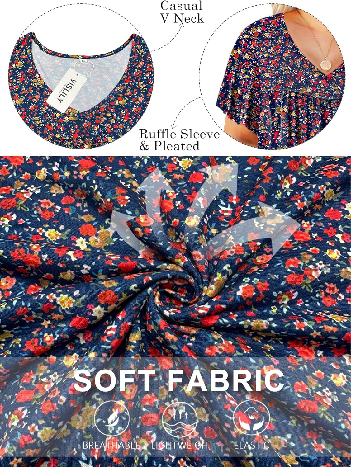 VISLILY Womens-Plus-Size-Summer-Tops Pleated V Neck T Shirts Short Sleeve Blouses Ruffle Flowy Tunics XL-5XL - Image 3