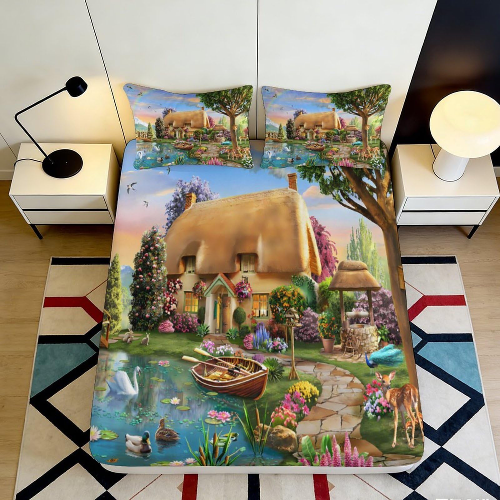 3D Printed Countryside Cottage Fitted Sheet Microfiber Soft Breathable Garden Pond Bed Cover for Bedroom Dormitory Guest Room Mattress Protection Decor 180x200x25cm