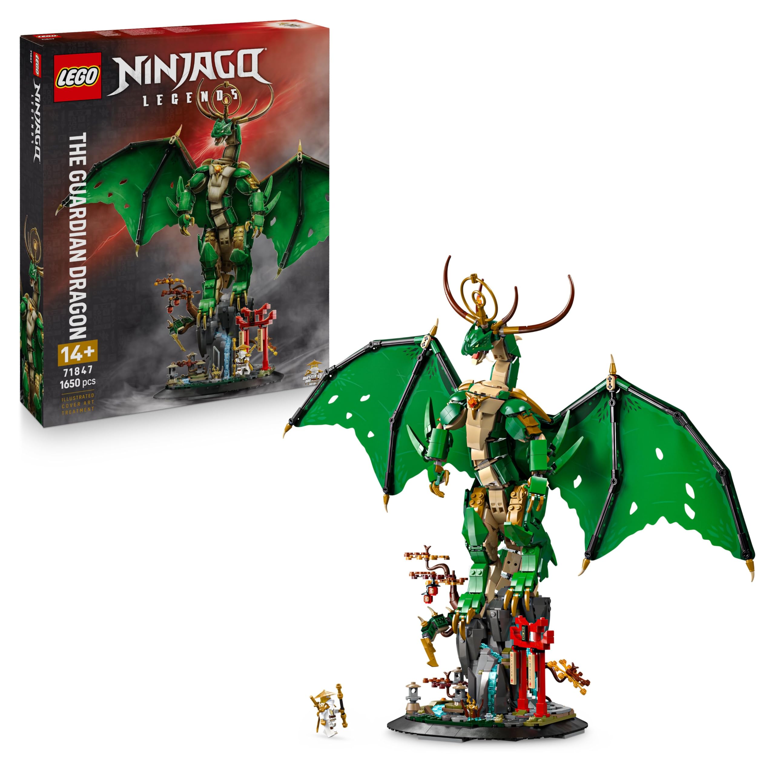 LEGO NINJAGO Wächterdrache Bauset 71847 – Drachenfigur, Meister Wu Minifigur & Ständer