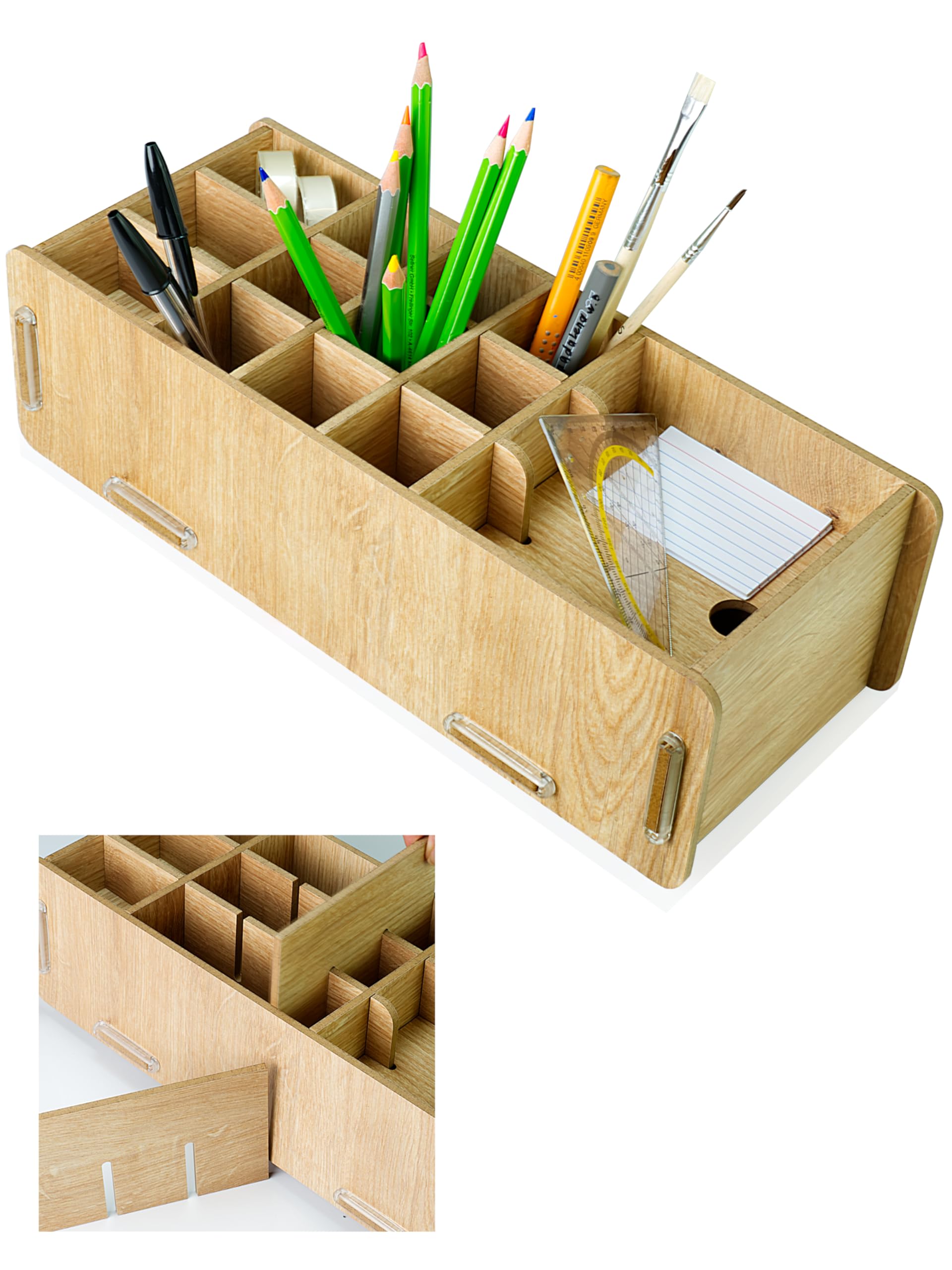 clipfritz, Wooden Pen Box (approx. 14 x 32 cm) Desk Pen Holder for Children Adults, Pen Holder Ideal as Office Organiser