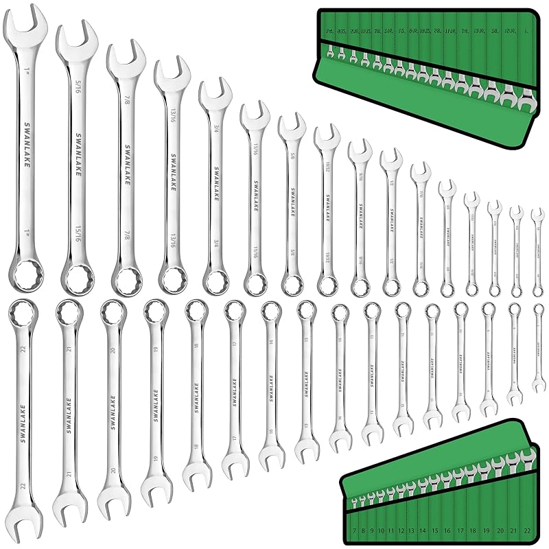 Jogo de Chaves Combinadas SWANLAKE GARDEN TOOLS com 32 Peças, SAE e Métricas, 6,35–25,4 mm e 7–22 mm, 12 Pontos, Aço Cromo-Vanádio