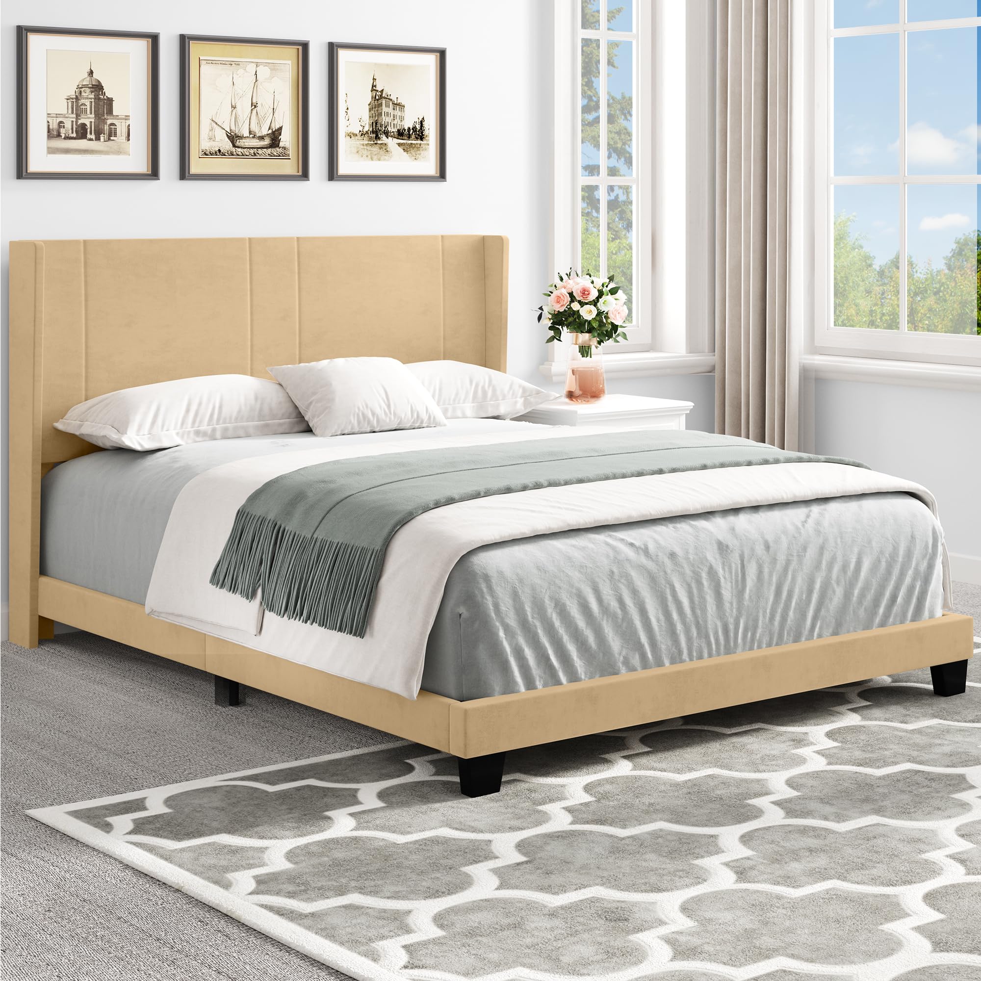 Queen Size YITAHOME Bed Frame, Platform Bed with Velvet Upholstered Headboard & Wingback Design, Wood Slats Supports, No Box Spring Required, Beige