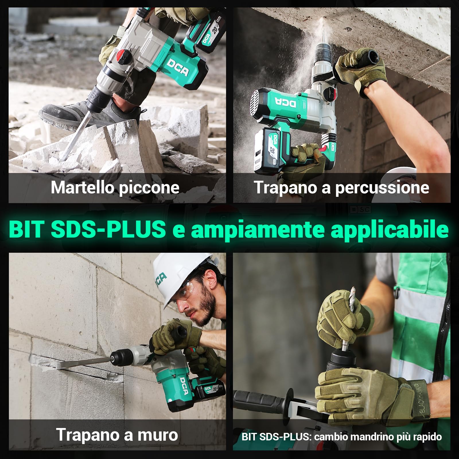DCA Martello Perforatore a batteria 20V, 4,5 J e 3800 BPM, 4 pezzi da 28 mm SDS-Plus, trapano a Percussione ad alte prestazioni con controllo delle vibrazioni, batteria da 5,0 Ah, caricatore 4A