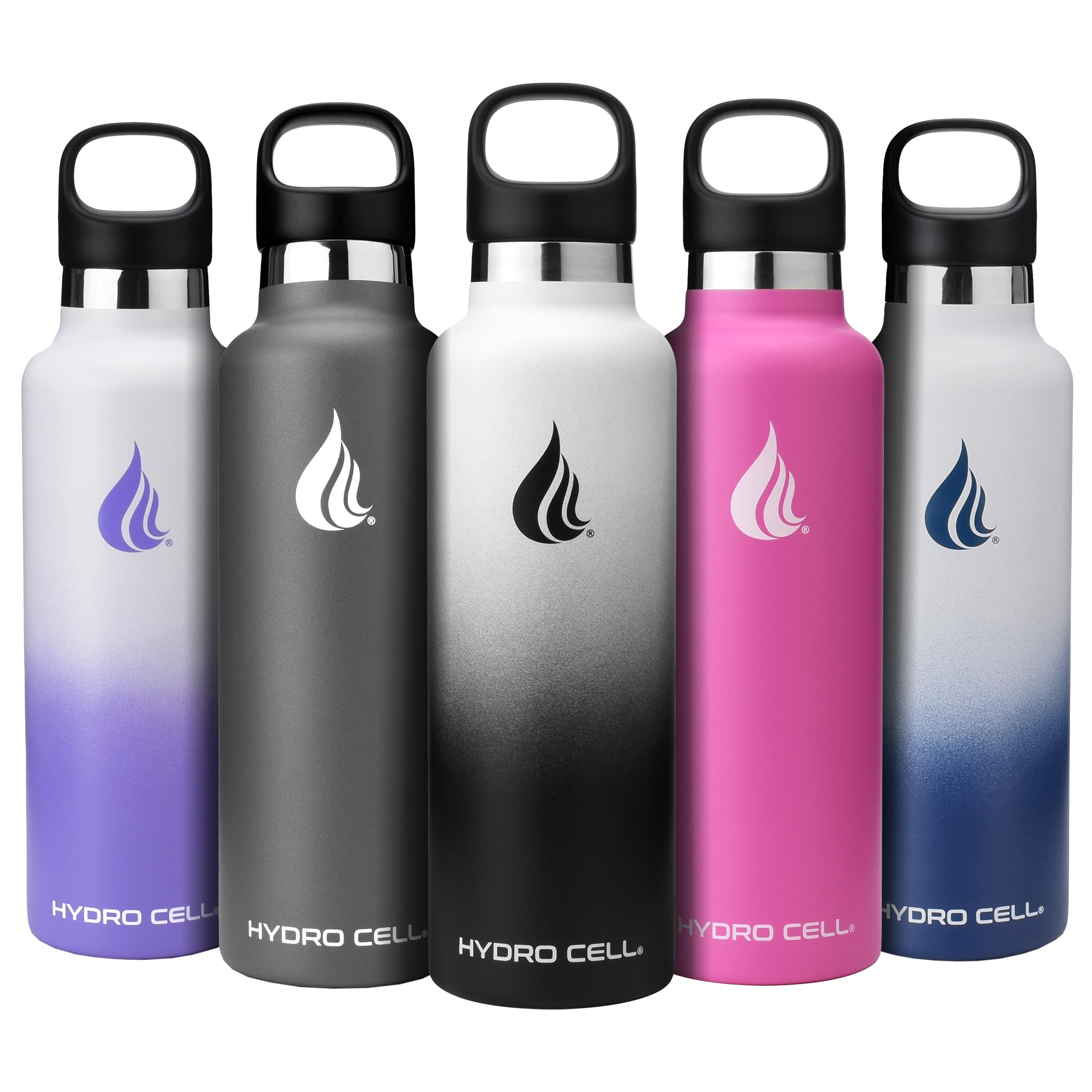 HYDRO CELL Stainless Steel Water Bottle with Straw & 2 Standard Mouth Lids (32oz 24oz 20oz 16oz) Keeps Liquids Hot or Cold w/Double Wall Vacuum Insulated Leak Proof Sport Design (Black/White 24oz)