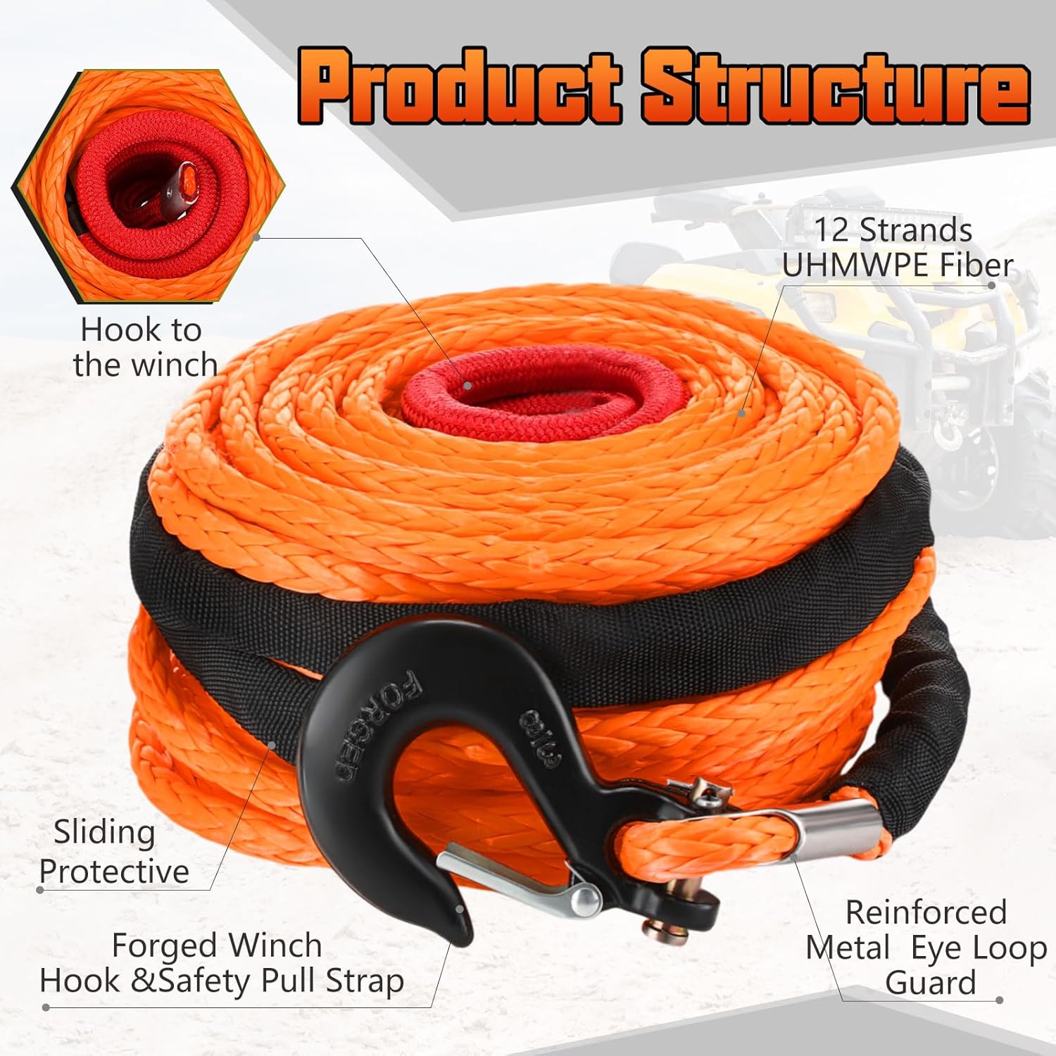 Marsui 1/2" x 100 ft Synthetic Winch Rope Cable Kit, 32000lbs Winch Line with Protective Sleeve Forged Hook Replacement Safety Pull Strap for 4WD Vehicle Truck ATV UTV SUV (Orange)