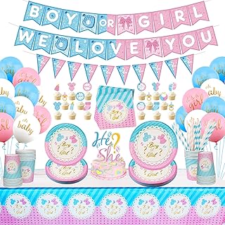 Baby Gender Reveal Party Supplies - (202 Pieces) Boy or Girl We Love You Banner, Tablecloth, Cake Topper, Balloons, Plates Napkins Cups, Straw, Tableware Serves 25 Guests