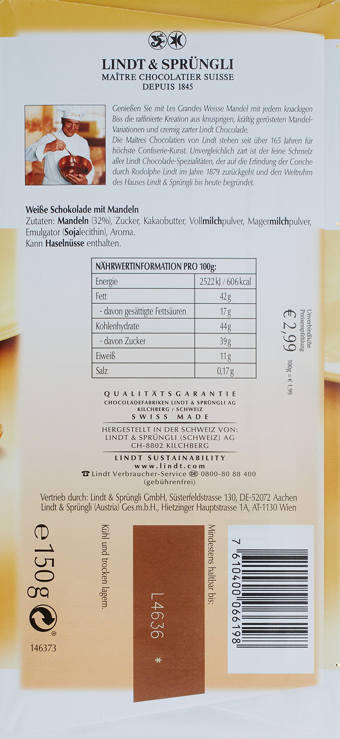 Lindt & Sprüngli Les Grandes Weiss, 15er Pack (15 x 150 g)