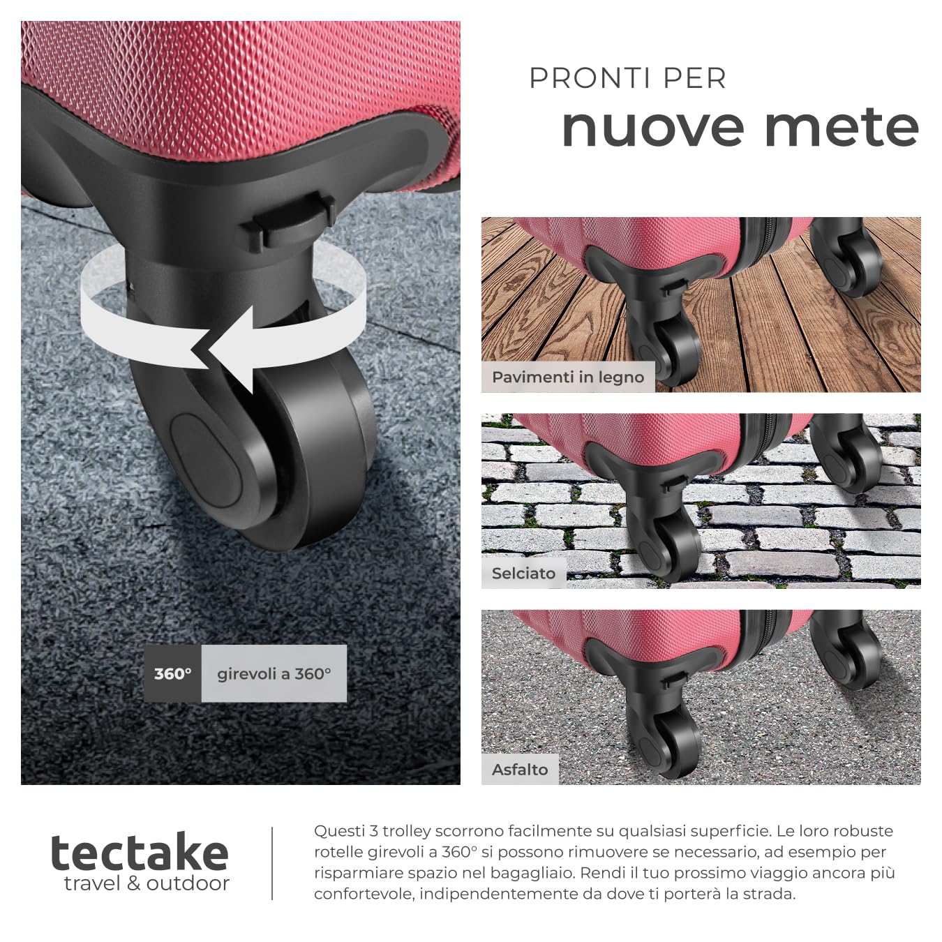 tectake® Set 3 Valigie, Rotelle Girevoli, Trolley Rigidi in ABS, Maniglie Telescopiche, Lucchetti a Combinazione, Set Viaggio con Bilancia ed Etichette per Bagagli - Rosso Vino