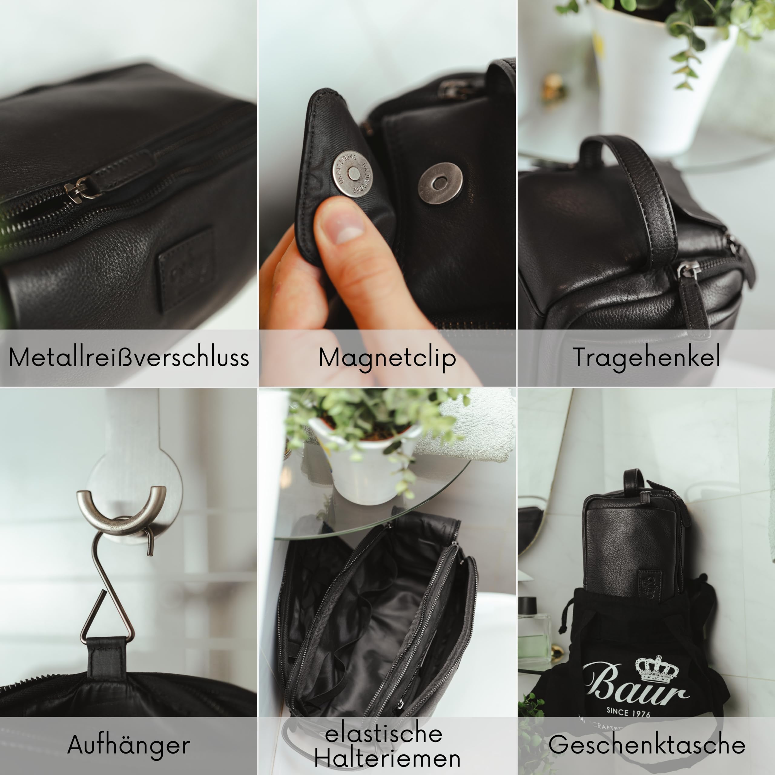 Baur Kulturbeutel aus echtem Leder – Große Toilettentasche mit viel Platz – Kulturtasche für Damen und Herren (Rindsleder Schwarz)