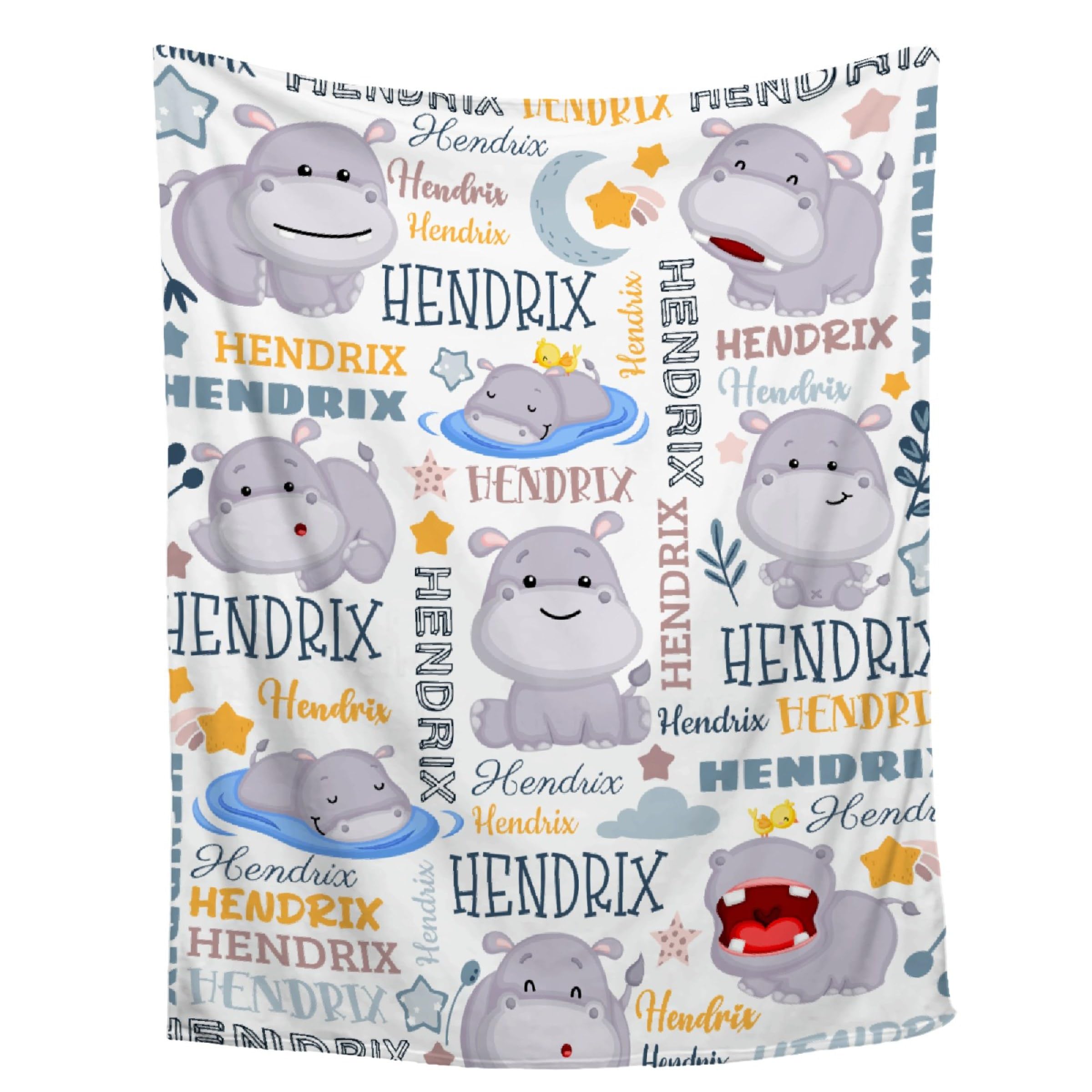 Personalized Baby Hippo Blanket - Custom Name Flannel Blanket For Toddlers Kids