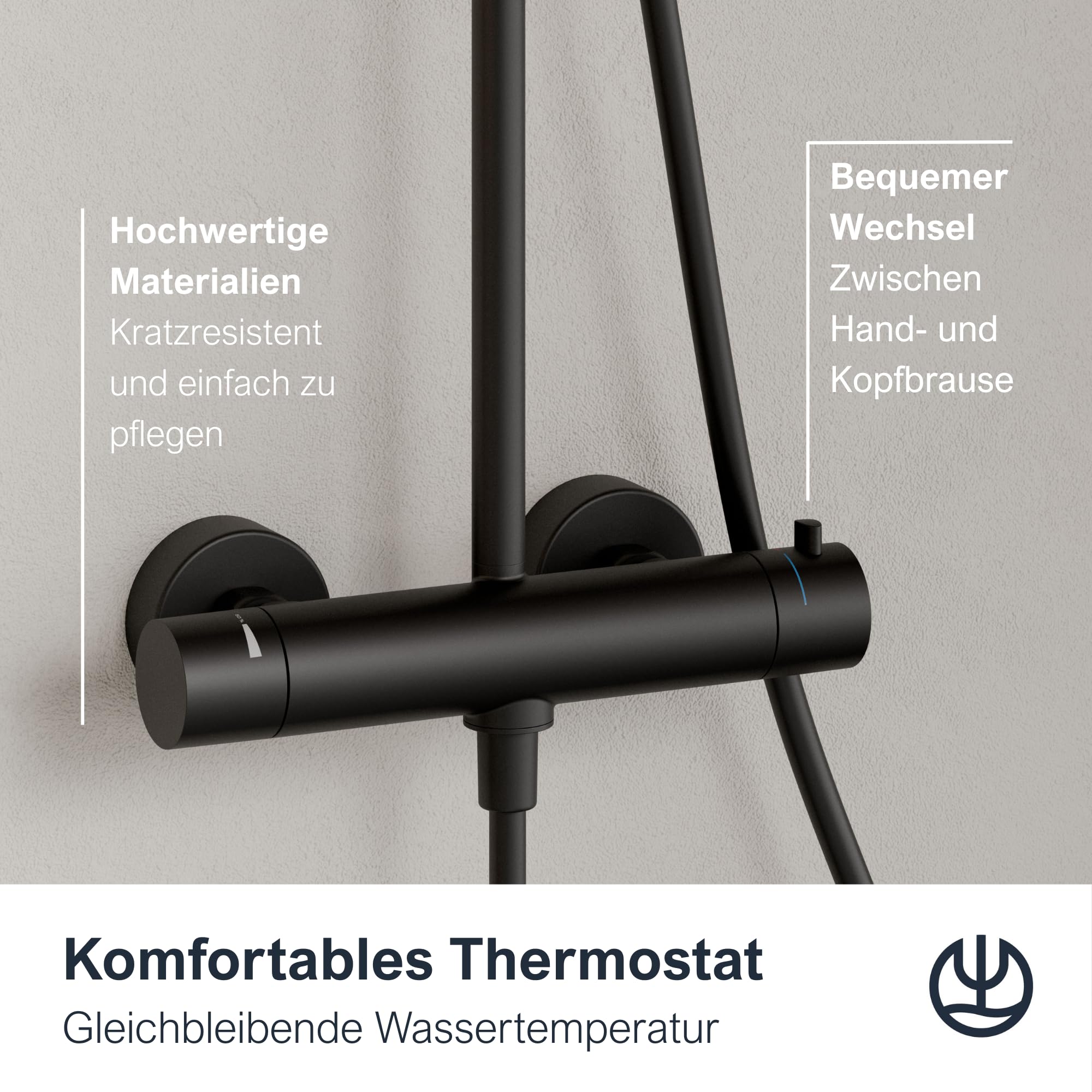 KLUDI-X1 Duschsystem mit Kopf- und Handbrause, Thermostat Dual Shower System, Mattschwarz, Wandmontage, Thermostatarmatur, Ø 250 mm Kopfbrause, 3 Strahlarten, 6906739-81