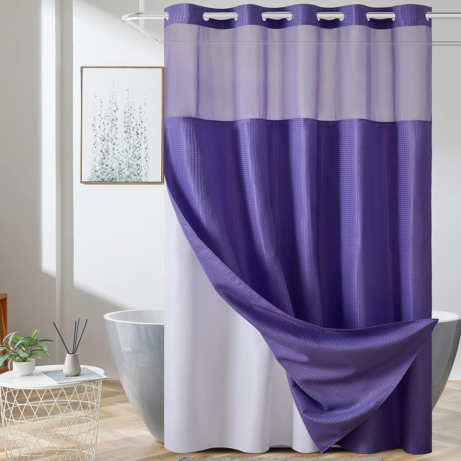 Furlinic Stall Shower Curtain No Hook with Snap in Liner,Waffle Weave Waterproof Bathroom Curtains with See Through Top Window & Weighted Magnets,Purple,54x80 Inch 54"W x 80"L (Pack of 1) Purple