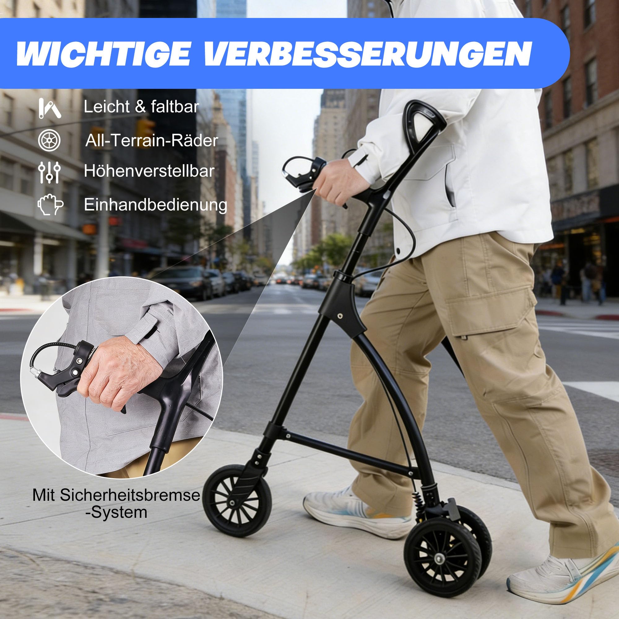 faltbarer Rollator mit 3 Rädern und Handbremsen ist leicht | Stabile Dreieckskonstruktion, höhenverstellbar, einfache Montage & Faltung, für Innen & Außen, Alu, 6-Zoll-Räder.