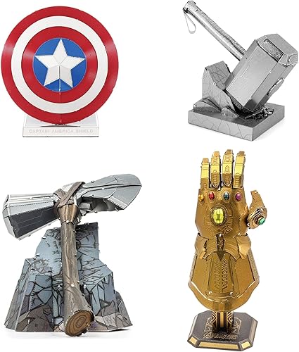 Metal Earth Fascinations - Juego de 4 modelos de metal 3D Marvel Avengers - Guantelete infinito - Stormbreaker - Thor Hammer - Escudo del Capitán