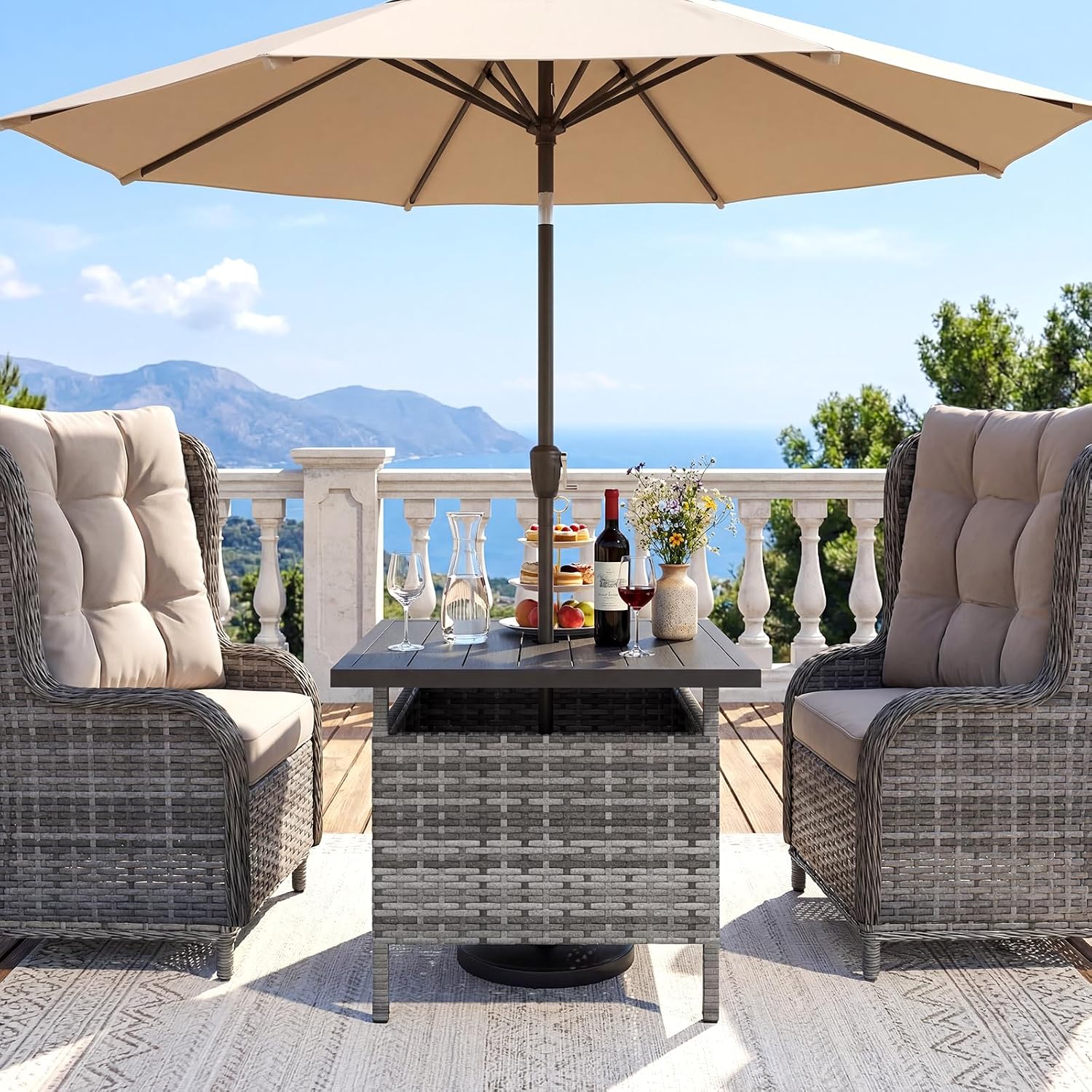 Tangkula Outdoor Wicker Table, Rattan Coffee Table with Umbrella Insert Hole, HDPE Tabletop & Sturdy Metal Frame, Patio Umbrella Side Table Stand for Backyard, Garden, Poolside (Mix Grey)