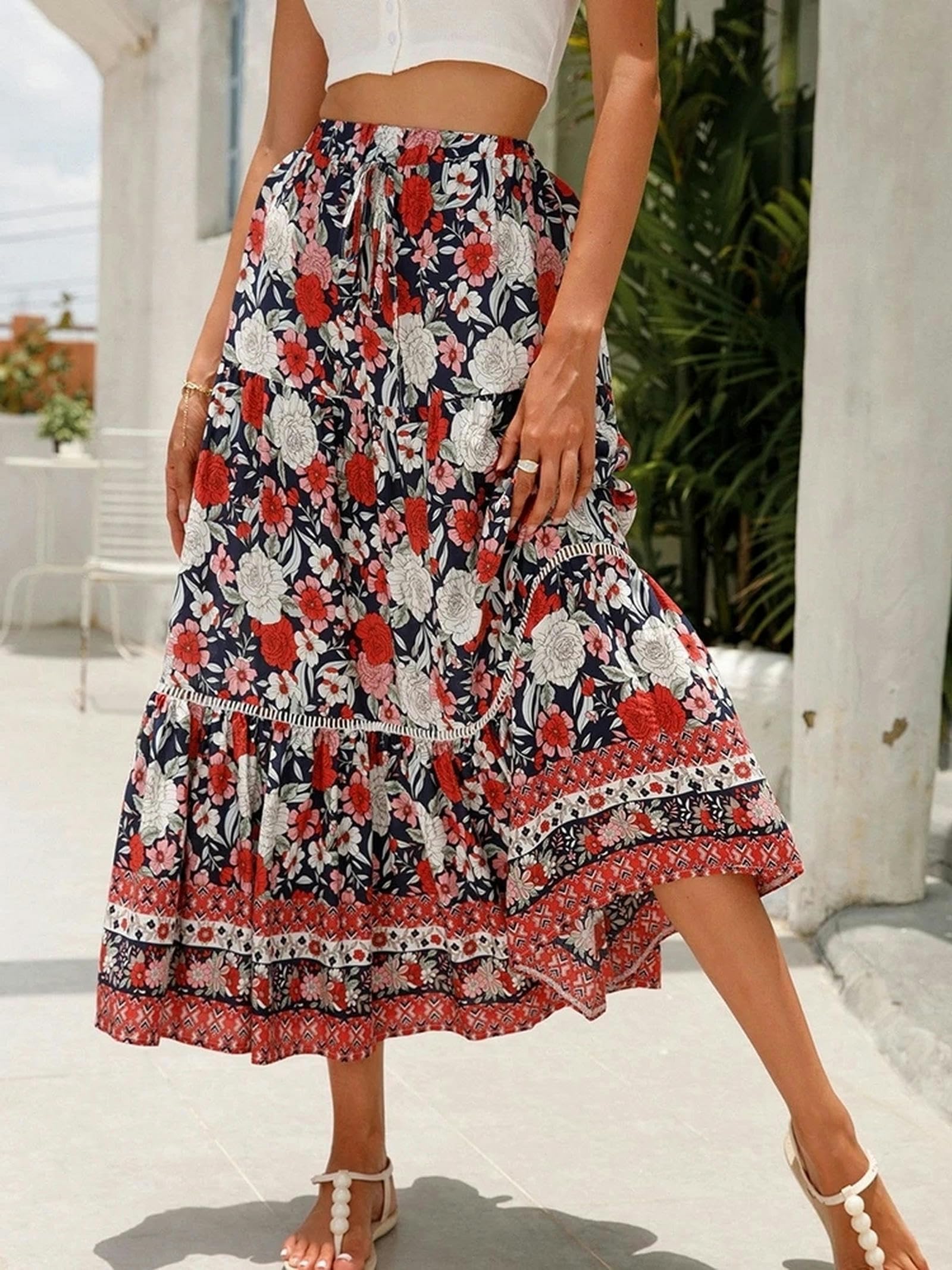Gonna Elegante Gonne Lunghe per Le Donne Floreale Lace-Up Vacanza Beach Gonna Ruffle Vita Alta Gonna Estate Giovanile Donna Vestiti